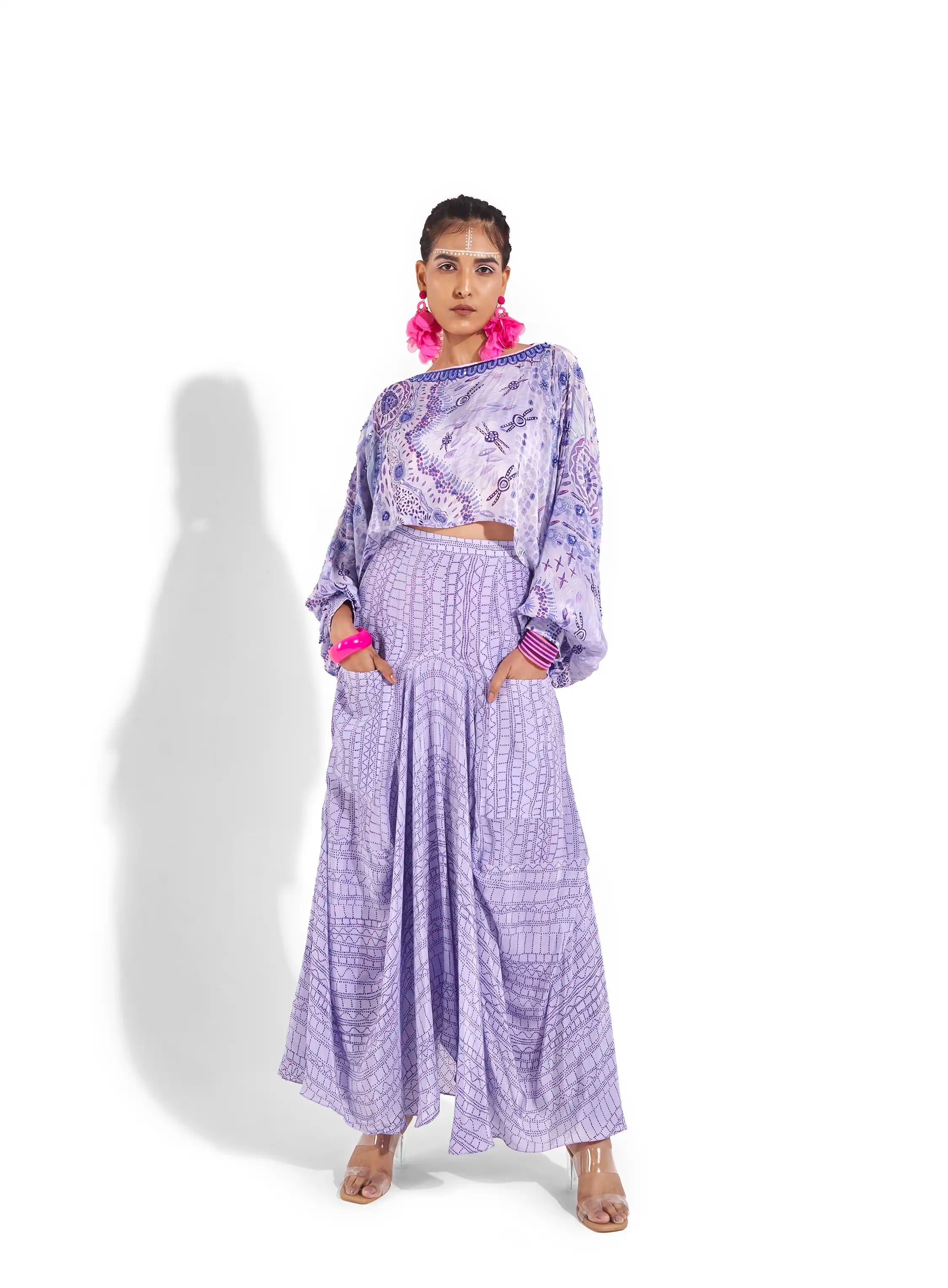 Elevate Purple Electric Crepe Azara Trapeze Crop Top Sequins Beads