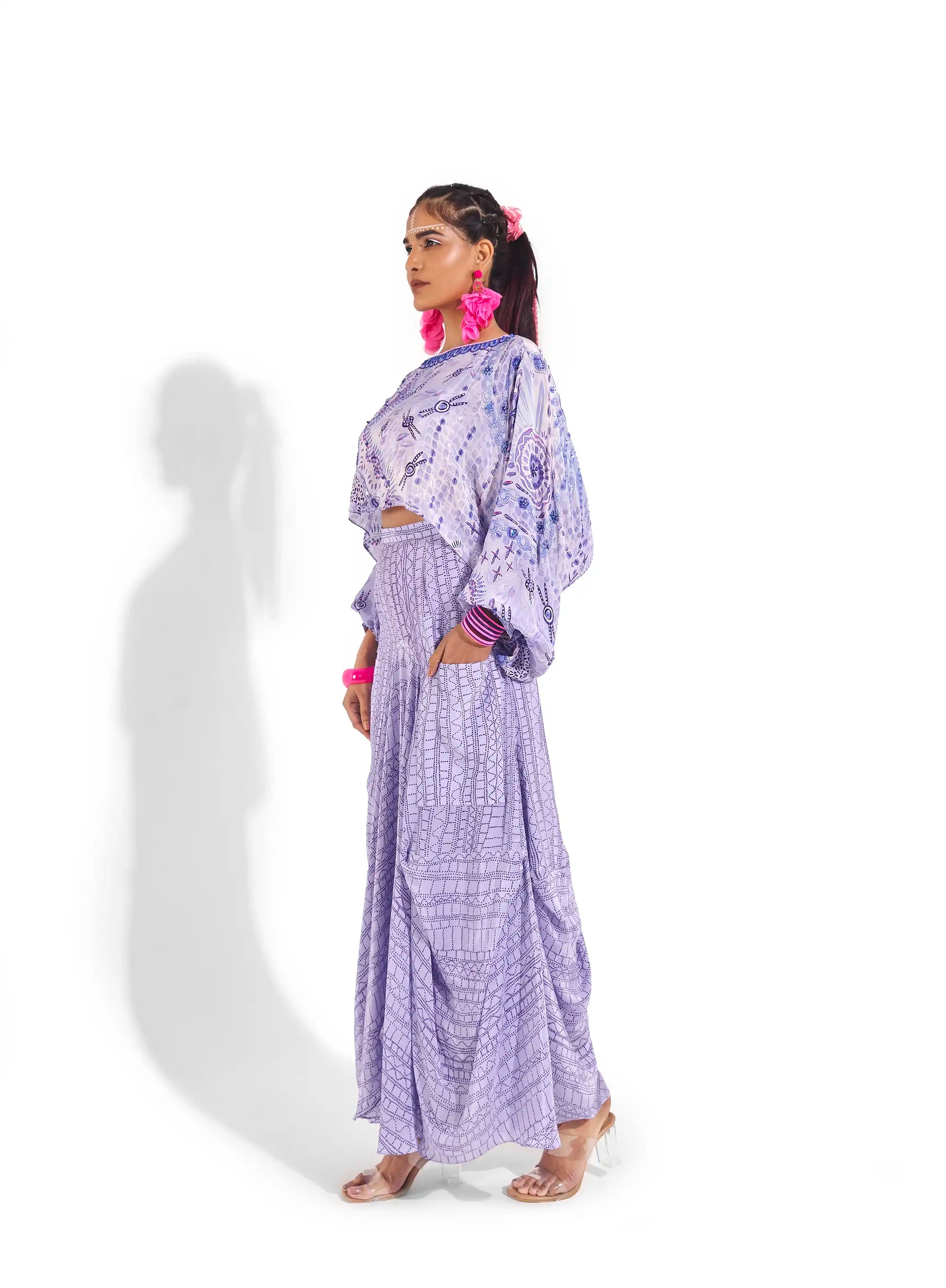 Elevate Purple Electric Crepe Azara Trapeze Crop Top Sequins Beads