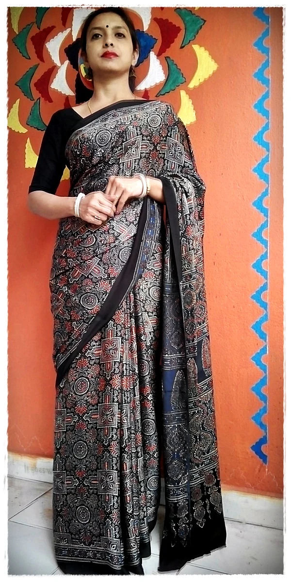 Red Black Modal Silk Ajrakh Handblock Saree Floral Geometric