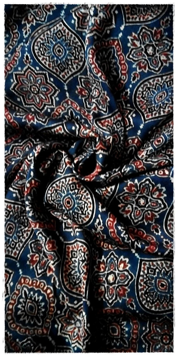 Red Black Modal Silk Ajrakh Handblock Saree Floral Geometric