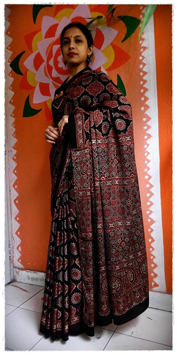 Blue Red Black Modal Silk Ajrakh Handblock Saree Floral Geometric