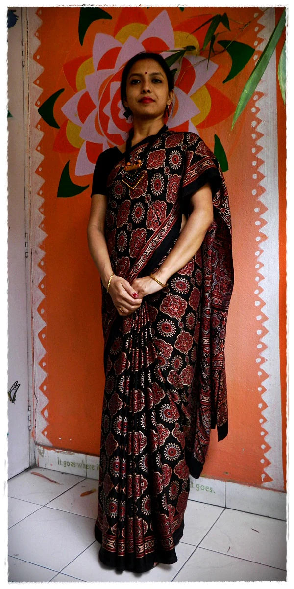 Blue Red Black Modal Silk Ajrakh Handblock Saree Floral Geometric