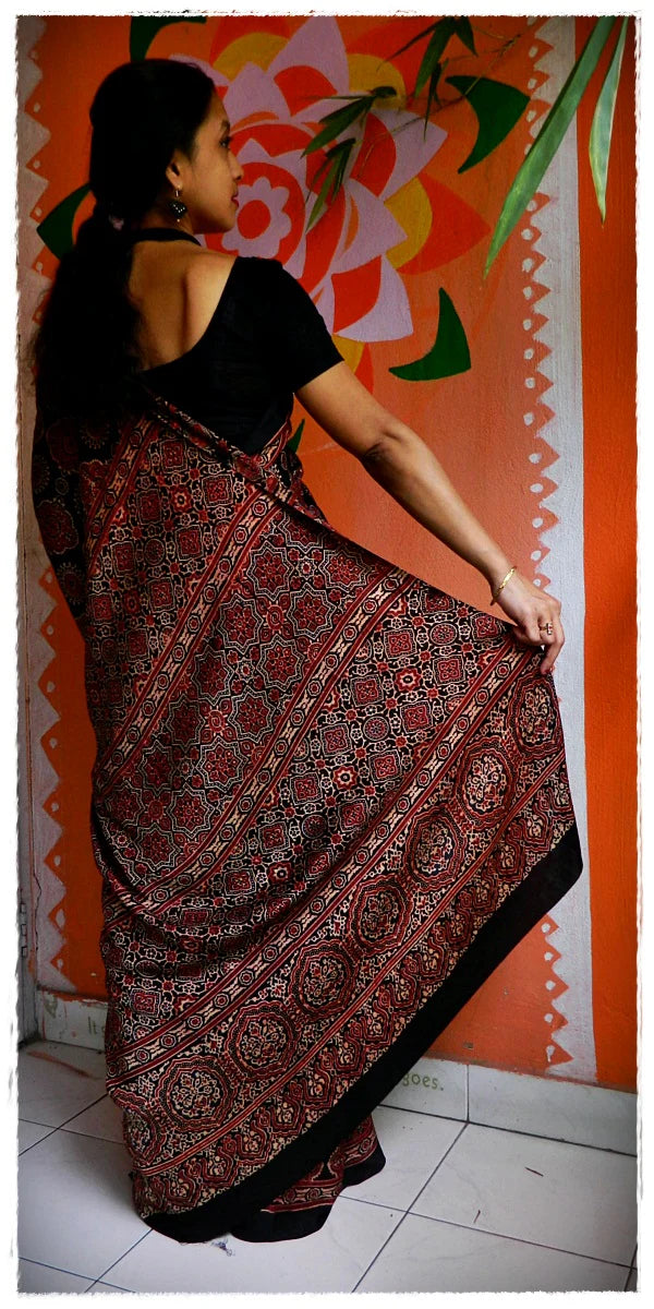 Blue Red Black Modal Silk Ajrakh Handblock Saree Floral Geometric