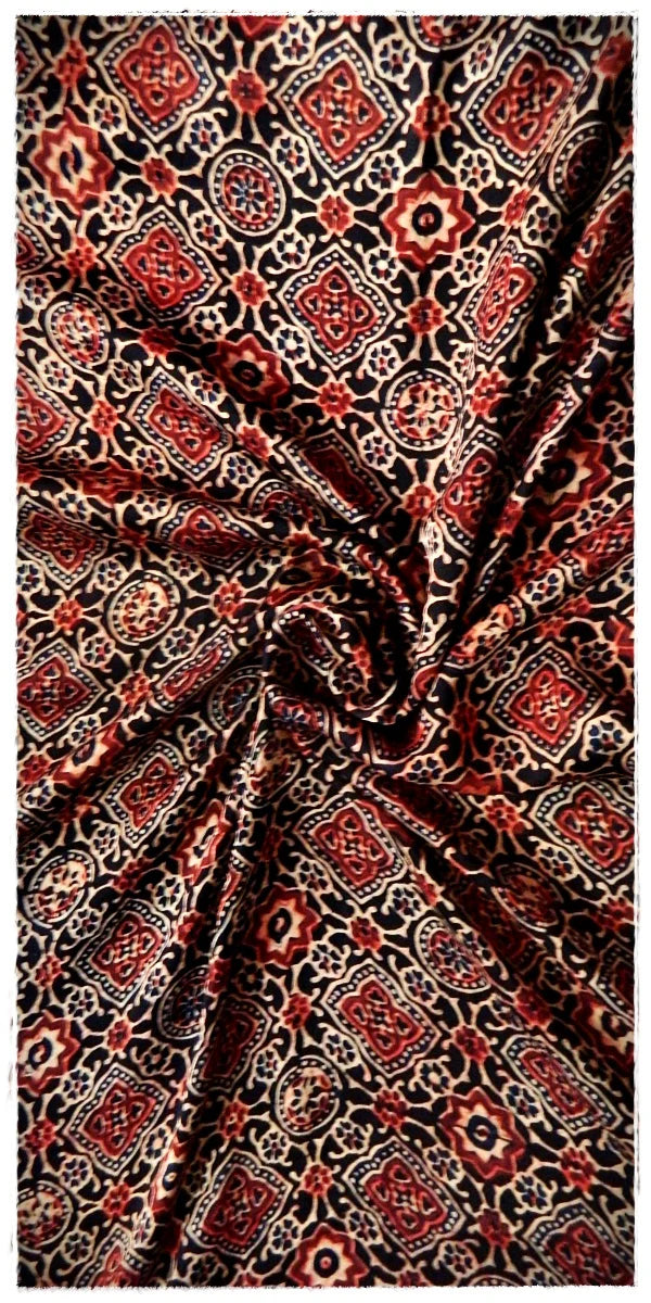 Blue Red Black Modal Silk Ajrakh Handblock Saree Floral Geometric