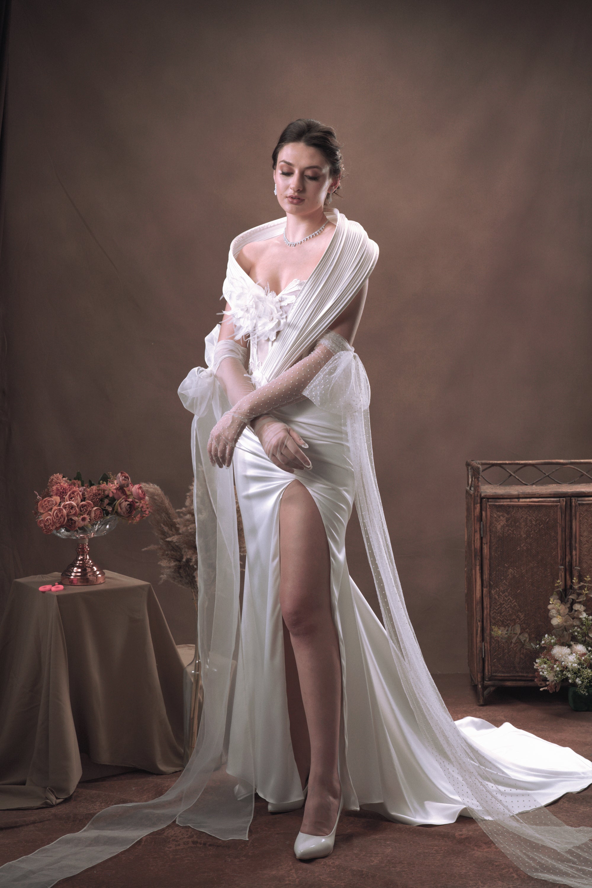 Strapless gown with structured bodice and flared skirt