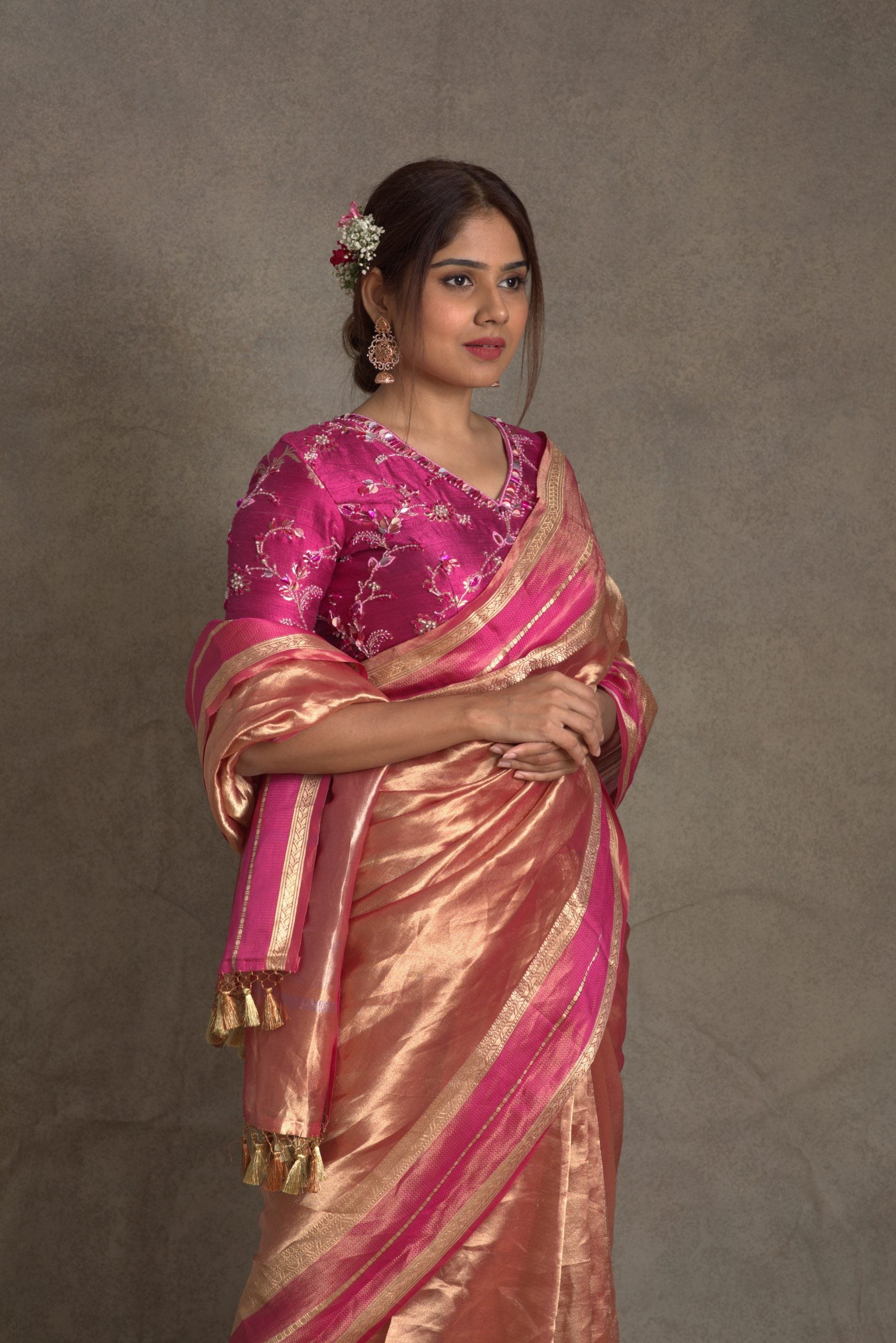 Aurum Pink & Golden Tissue Banarasi Saree with Katan Borders - Festive Saree