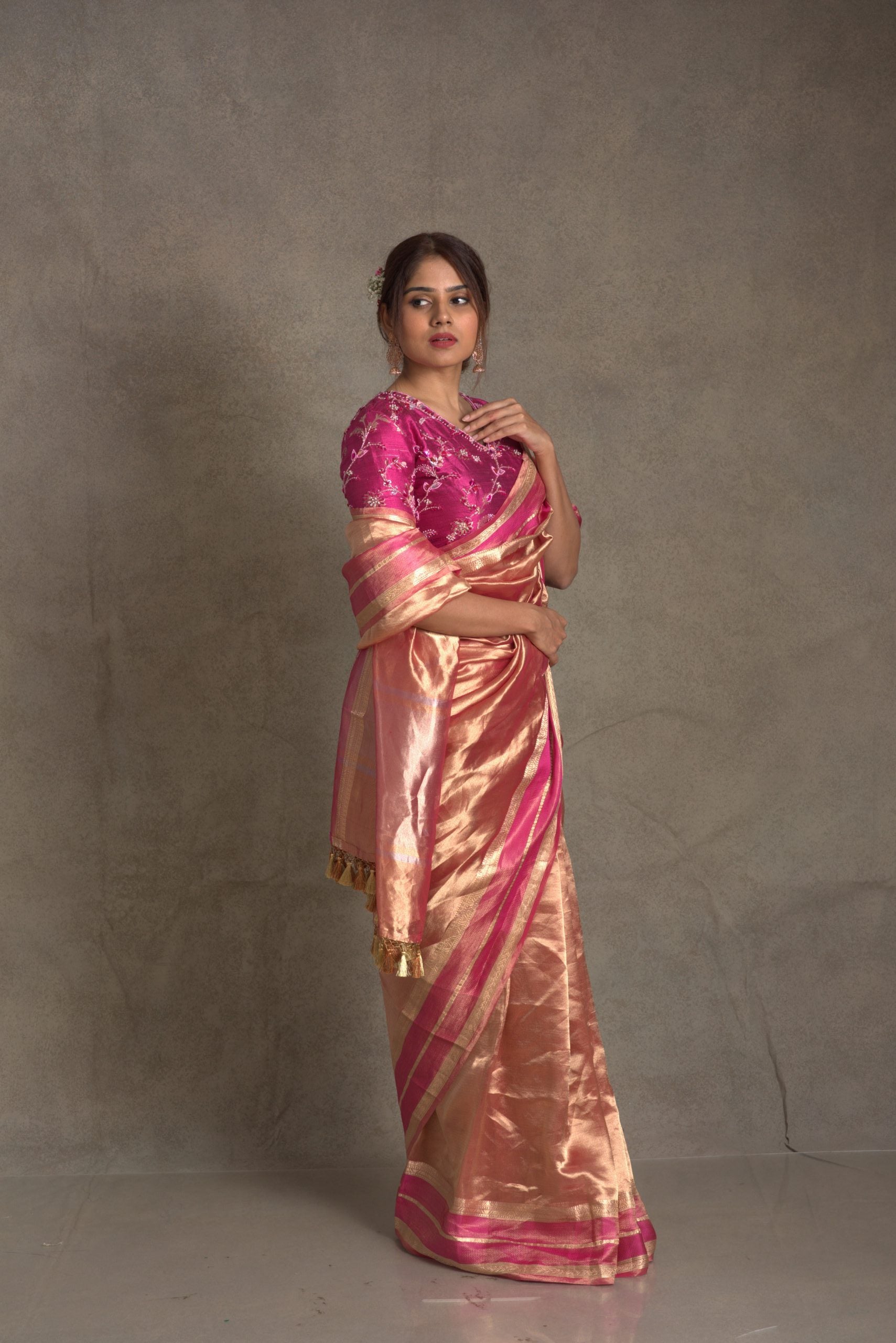 Aurum Pink & Golden Tissue Banarasi Saree with Katan Borders - Festive Saree