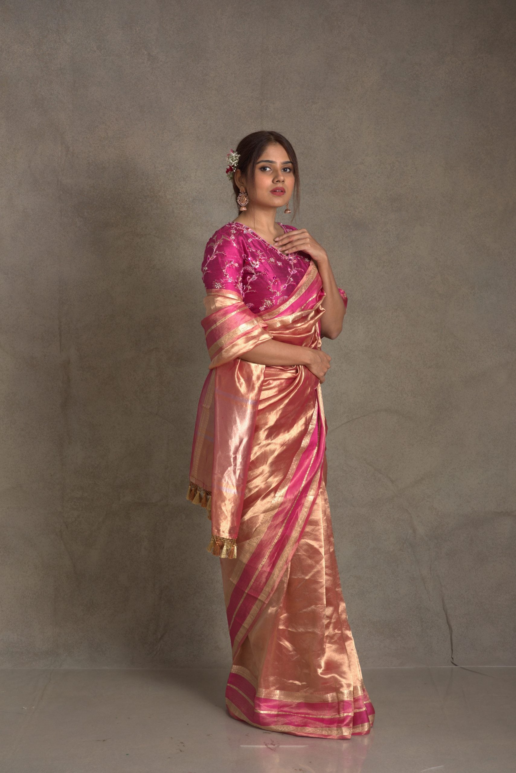 Aurum Pink & Golden Tissue Banarasi Saree with Katan Borders - Festive Saree