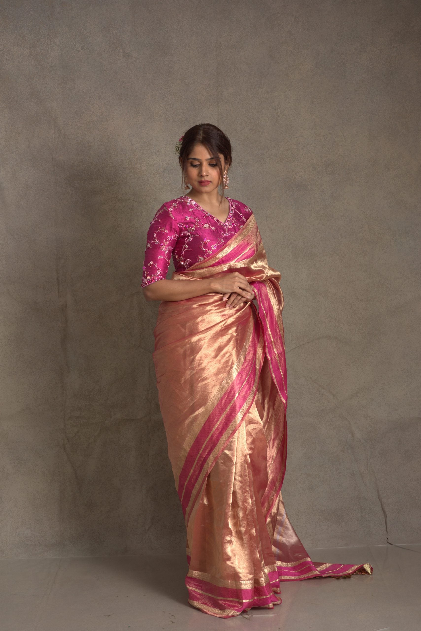 Aurum Pink & Golden Tissue Banarasi Saree with Katan Borders - Festive Saree