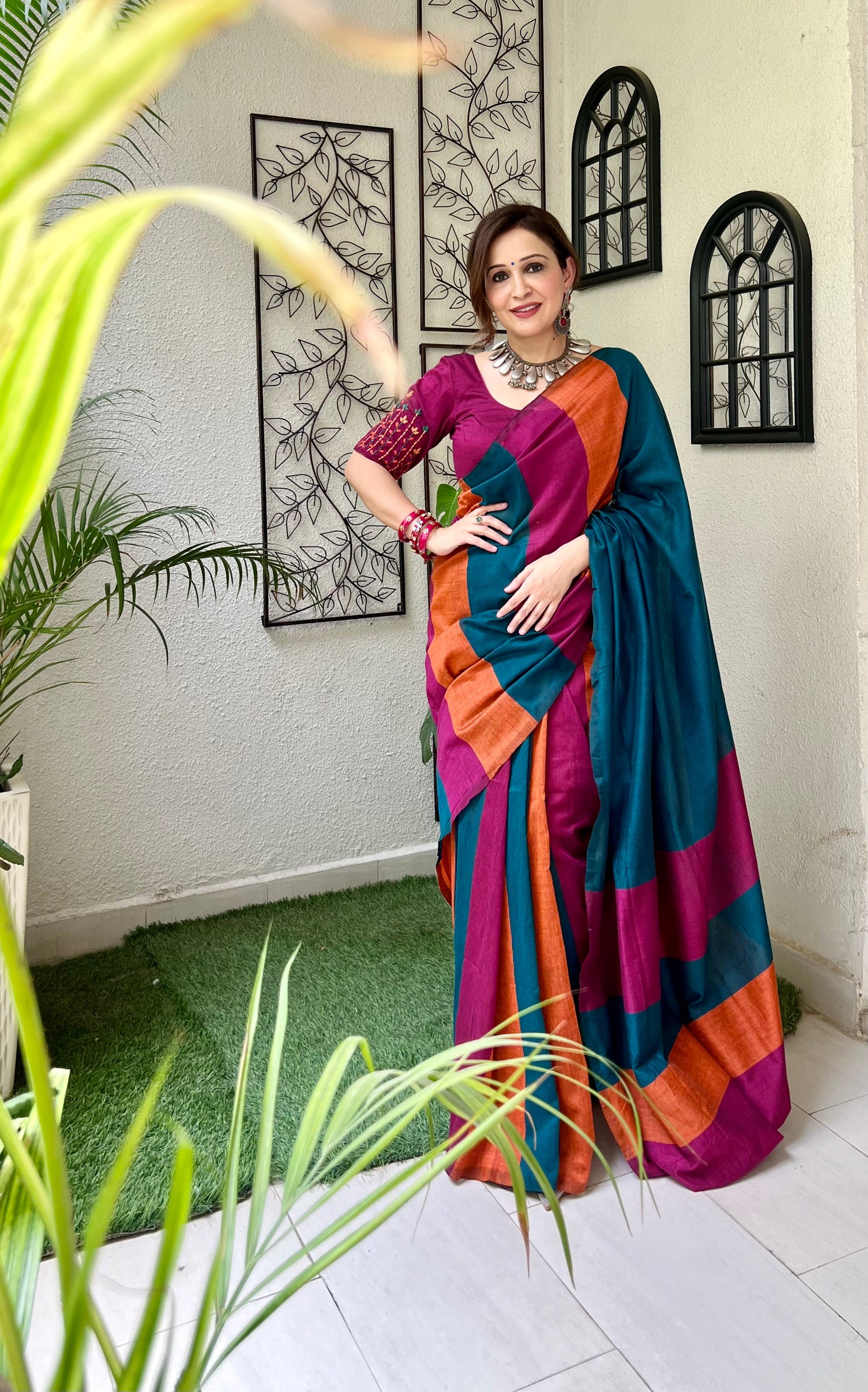 Handcrafted Multicolor Rust Orange Navy Rose Gold Cotton Striped Saree