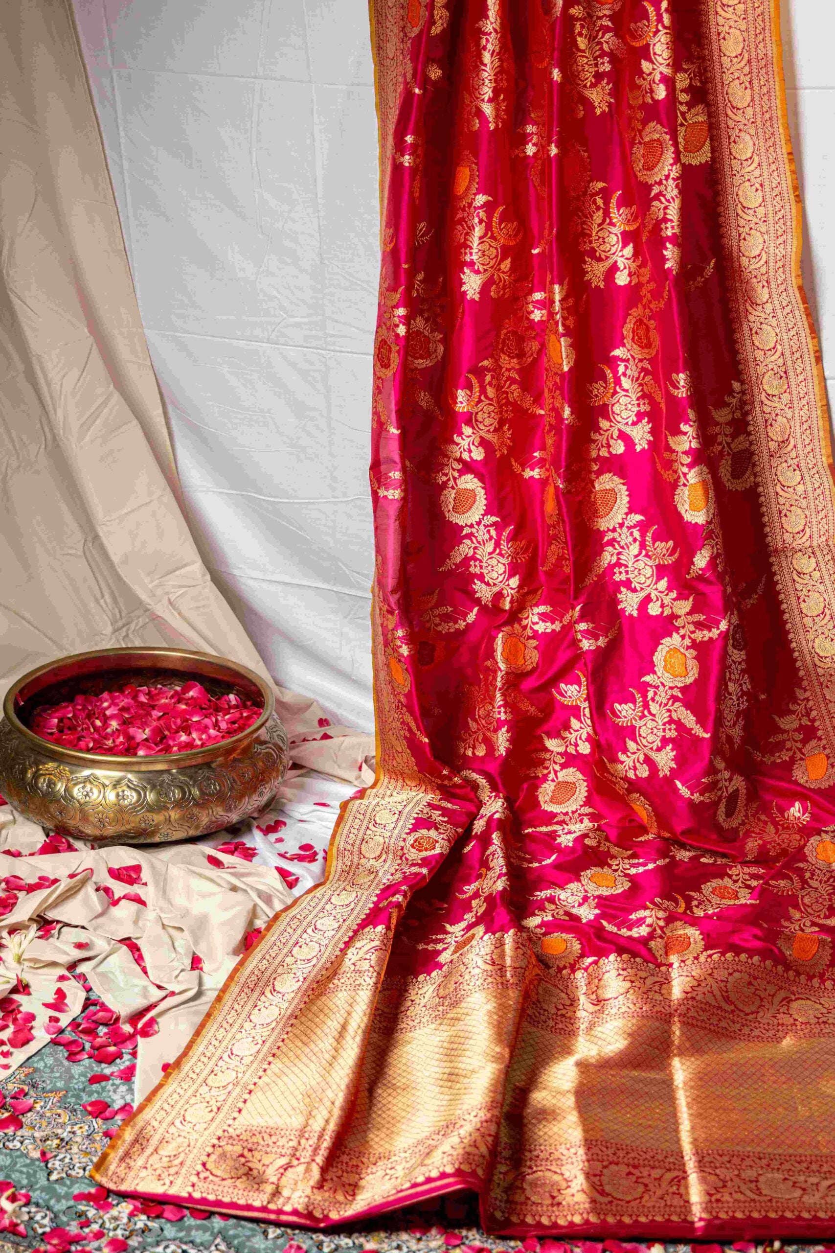 Rani Pink Benaras Silk Saree Orange Pink Meenakari Rose Motifs
