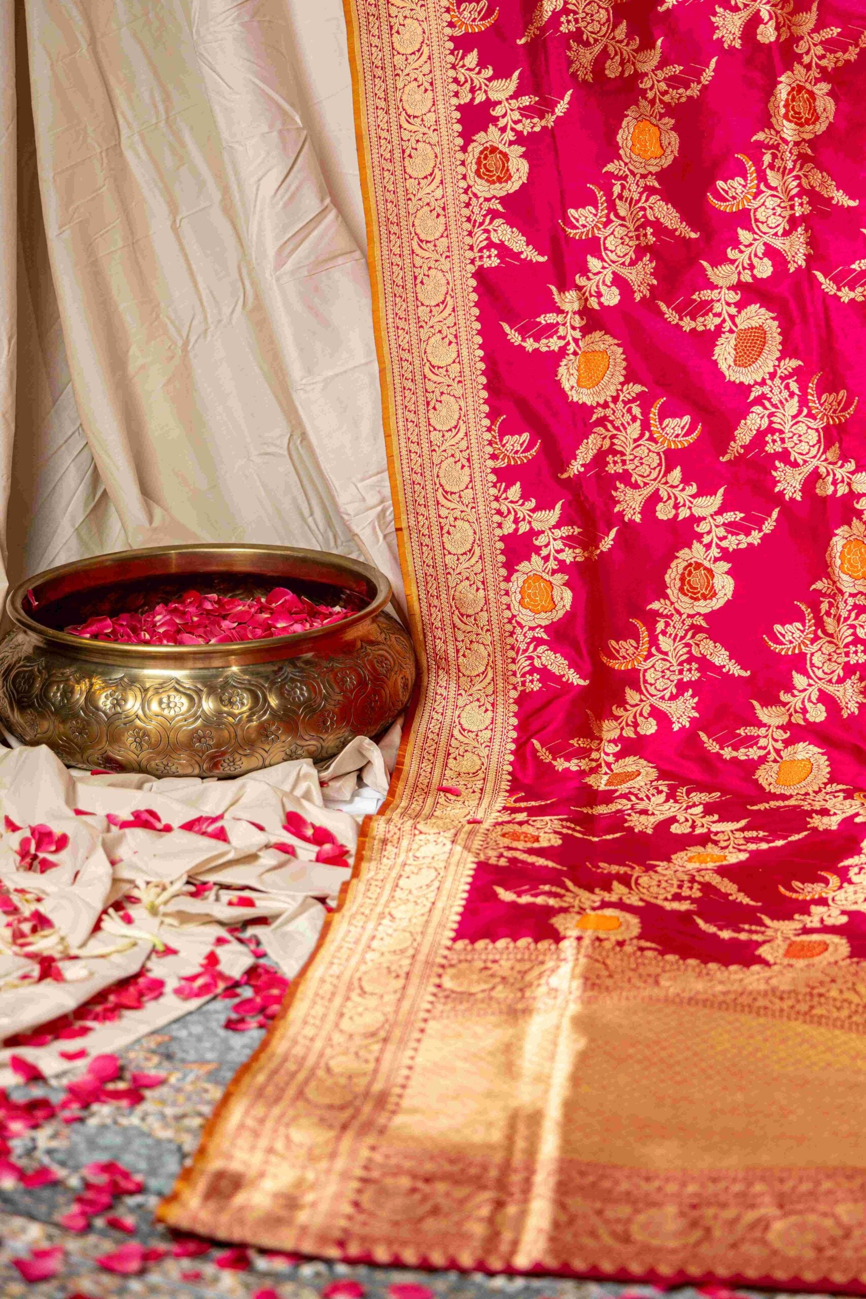 Rani Pink Benaras Silk Saree Orange Pink Meenakari Rose Motifs