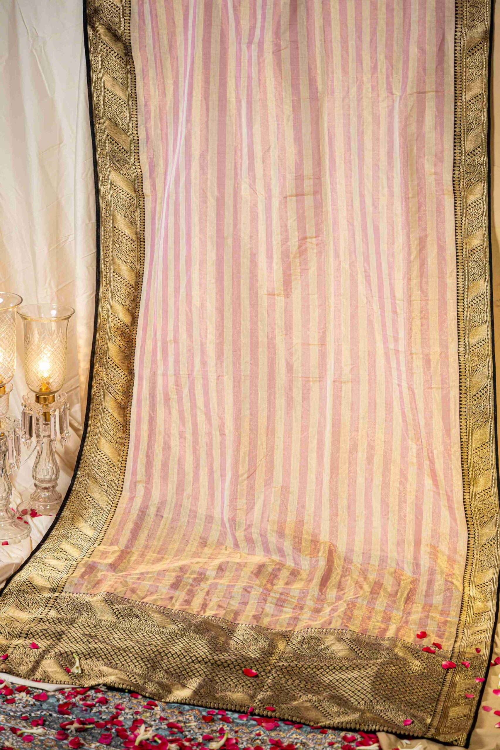 Pink Stripes with Black Benaras Tissue Saree - Modern Festive Saree