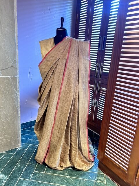 Beige Benaras Silk Saree Rose Gold Zari Weave Contemporary Elegance