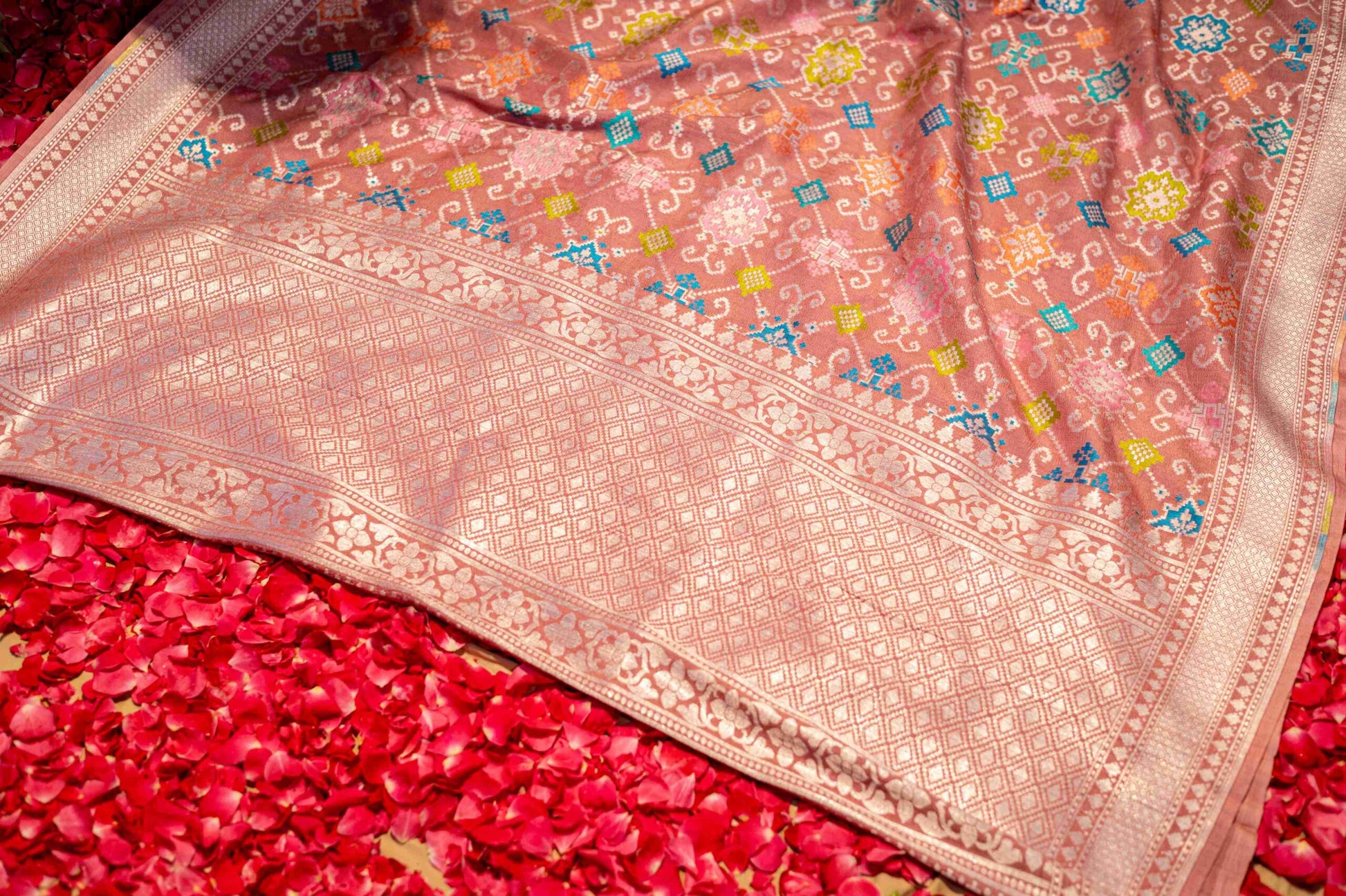 Pink Tusar Silk Benaras Saree Ikat Pattern Contemporary Design
