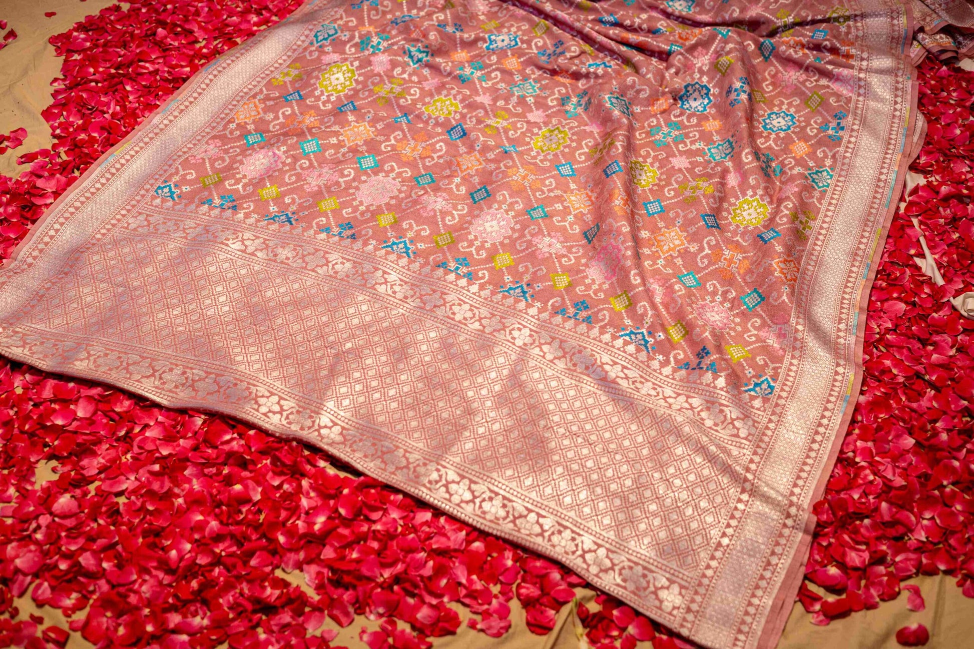 Pink Tusar Silk Benaras Saree Ikat Pattern Contemporary Design