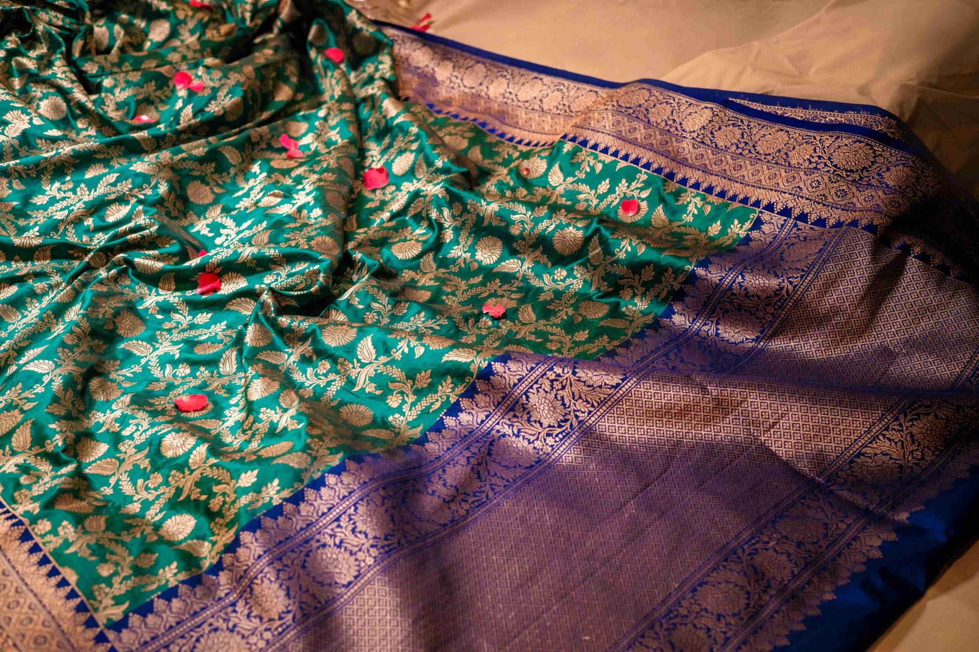 Emerald Green Royal Blue Benaras Silk Saree Gold Zari Jaal Khadwa Weave