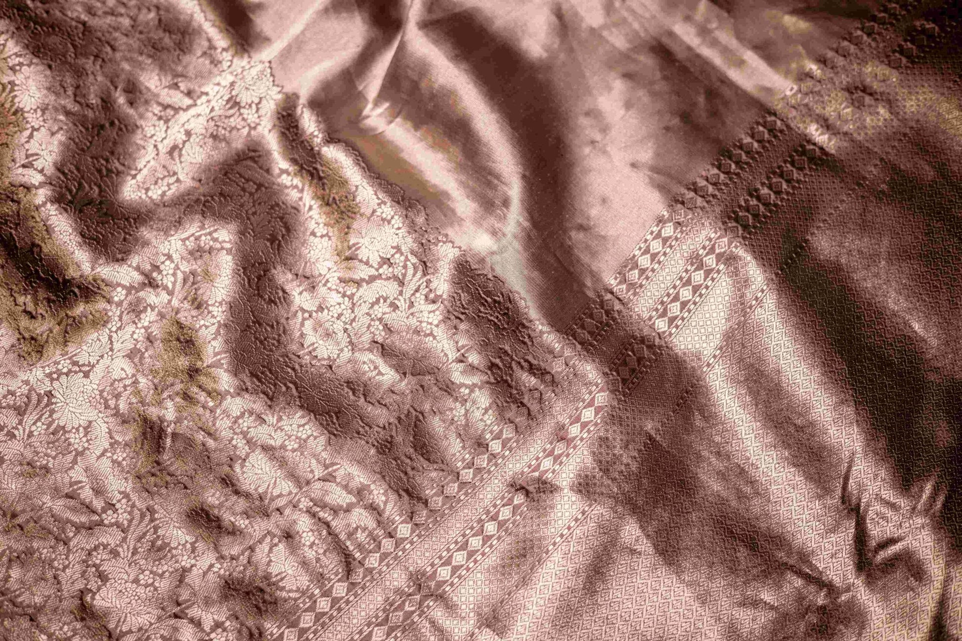 Taupe Benaras Silk Saree Silver Zari Tropical Forest Gardenia Motif