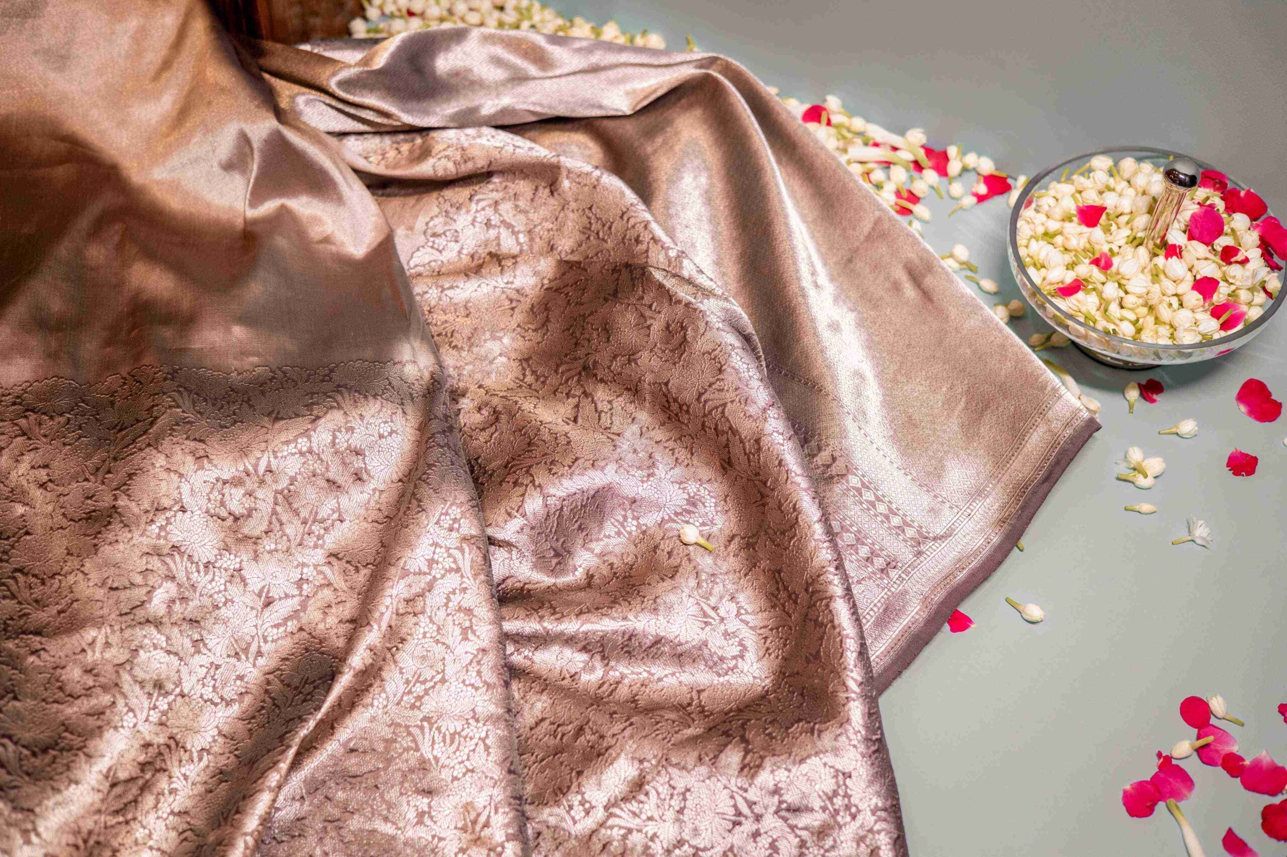Taupe Benaras Silk Saree Silver Zari Tropical Forest Gardenia Motif