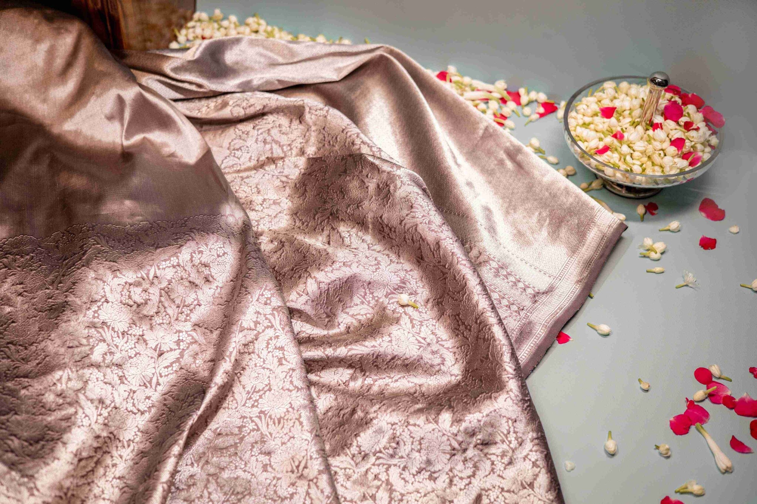 Taupe Benaras Silk Saree Silver Zari Tropical Forest Gardenia Motif