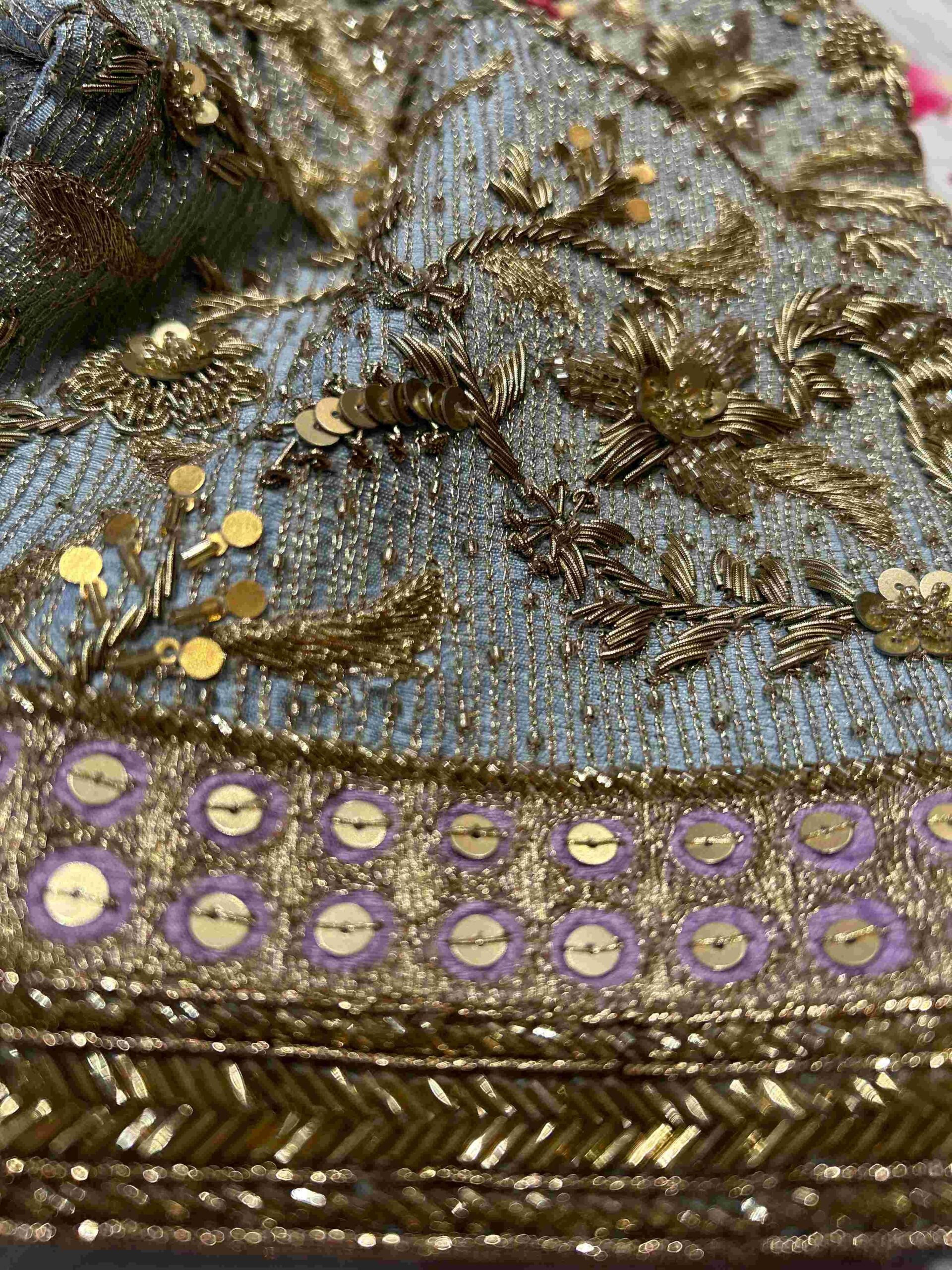 Pastel Blue Benaras Silk Saree Gold Zari Jaal Lavender Trim Blouse