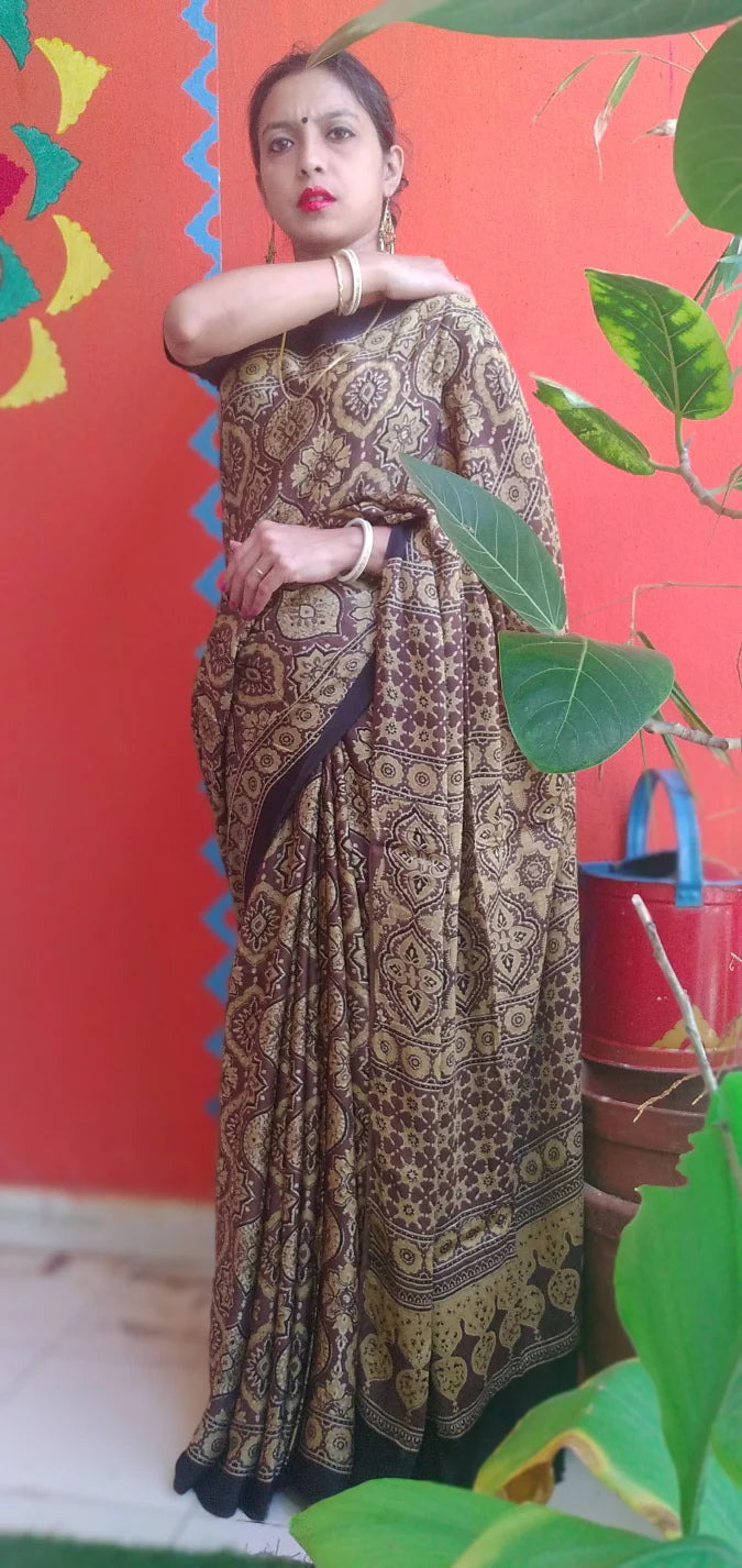 Chrome Yellow Black Modal Silk Ajrakh Handblock Saree Nature Inspired