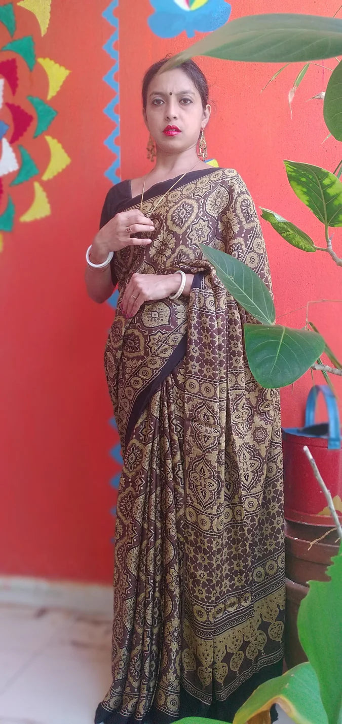 Chrome Yellow Black Modal Silk Ajrakh Handblock Saree Nature Inspired