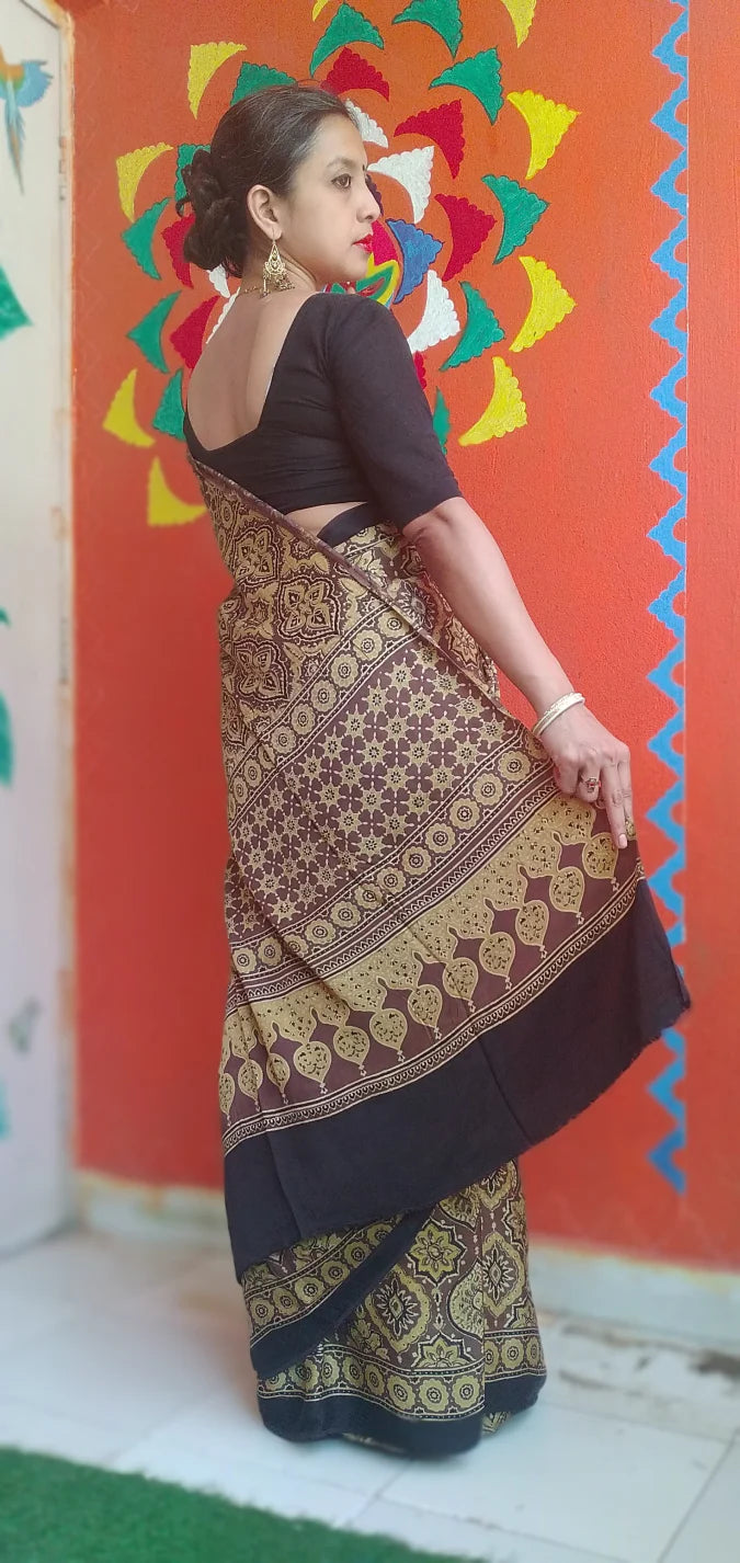 Chrome Yellow Black Modal Silk Ajrakh Handblock Saree Nature Inspired
