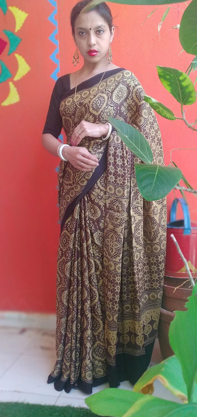 Chrome Yellow Black Modal Silk Ajrakh Handblock Saree Nature Inspired
