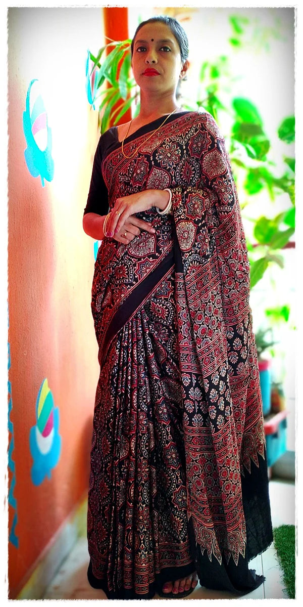 Blue Madder Red Black Modal Silk Ajrakh Handblock Saree Nature Inspired