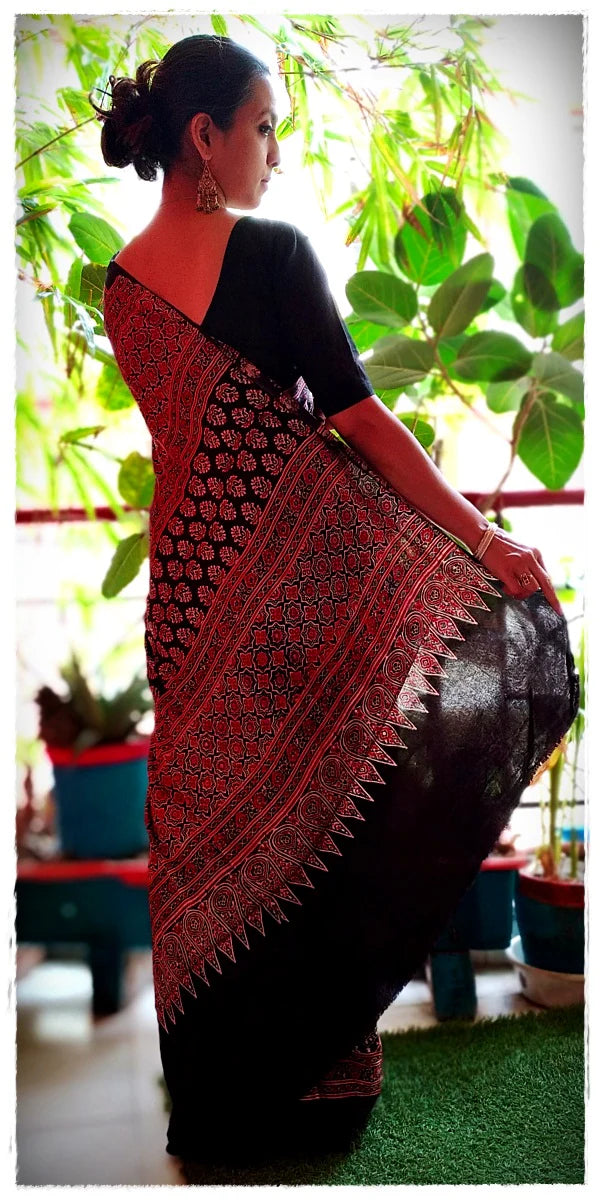 Blue Madder Red Black Modal Silk Ajrakh Handblock Saree Nature Inspired