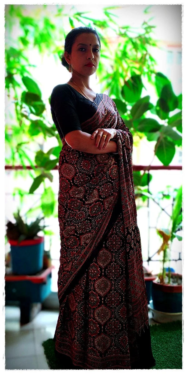 Blue Madder Red Black Modal Silk Ajrakh Handblock Saree Nature Inspired