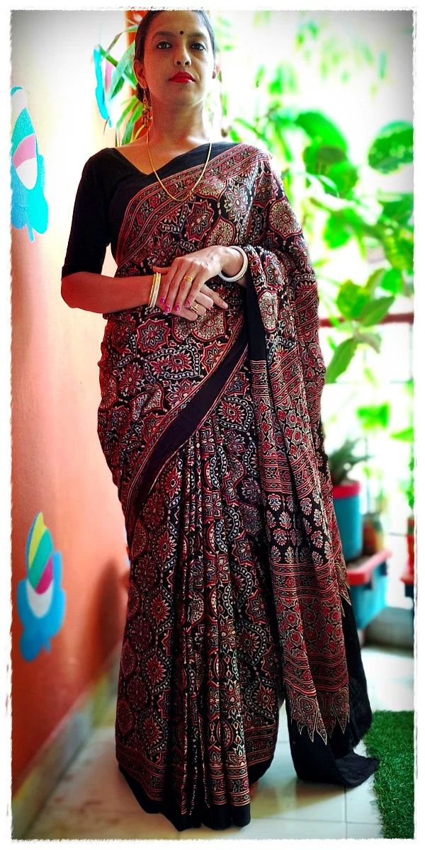 Blue Madder Red Black Modal Silk Ajrakh Handblock Saree Nature Inspired