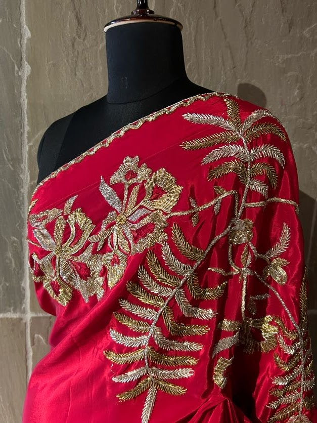 Red Chiffon Saree Gulmohar Flower Zardozi Embroidery