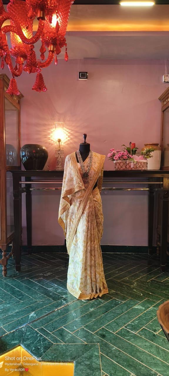 Mustard Yellow Chiffon Cotton Saree Digital Floral Chikankari Borders