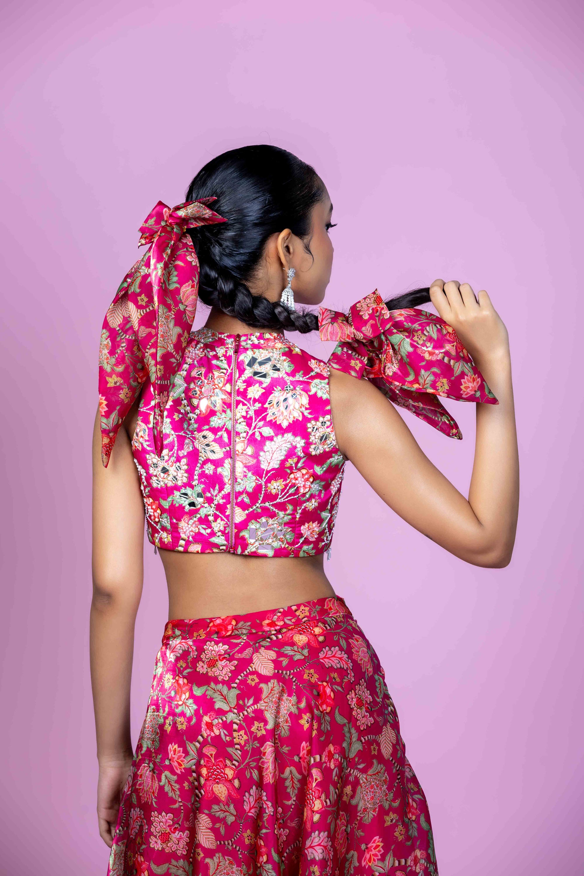 Fuschia Pink Floral Crop Top Lehenga Set for Festive Occasions