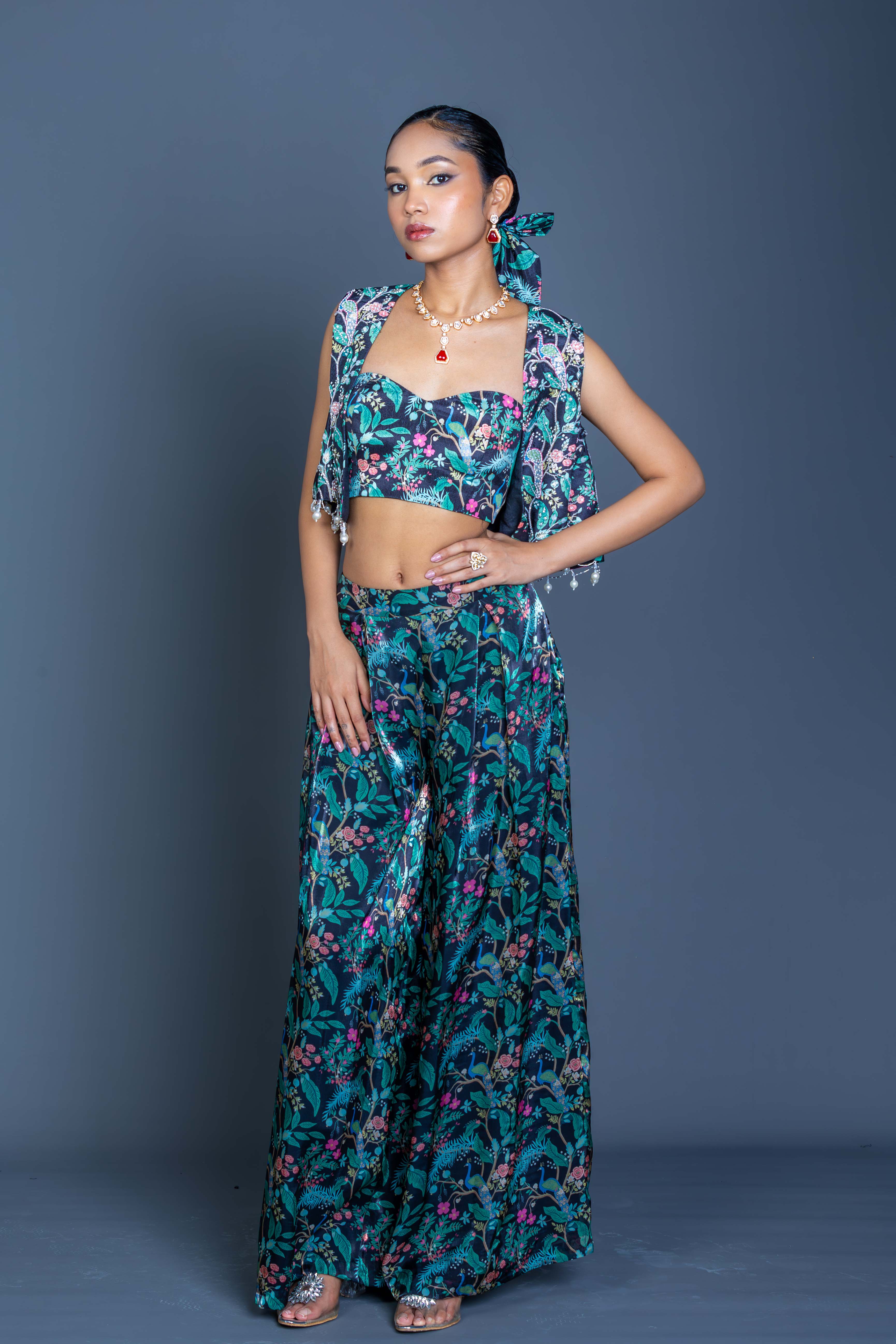 Midnight Floral Embroidered Cape Palazzo Co-ord Set