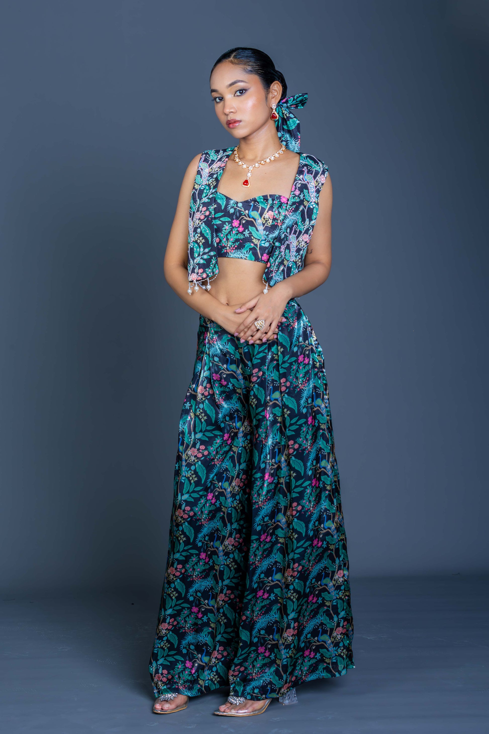 Midnight Floral Embroidered Cape Palazzo Co-ord Set