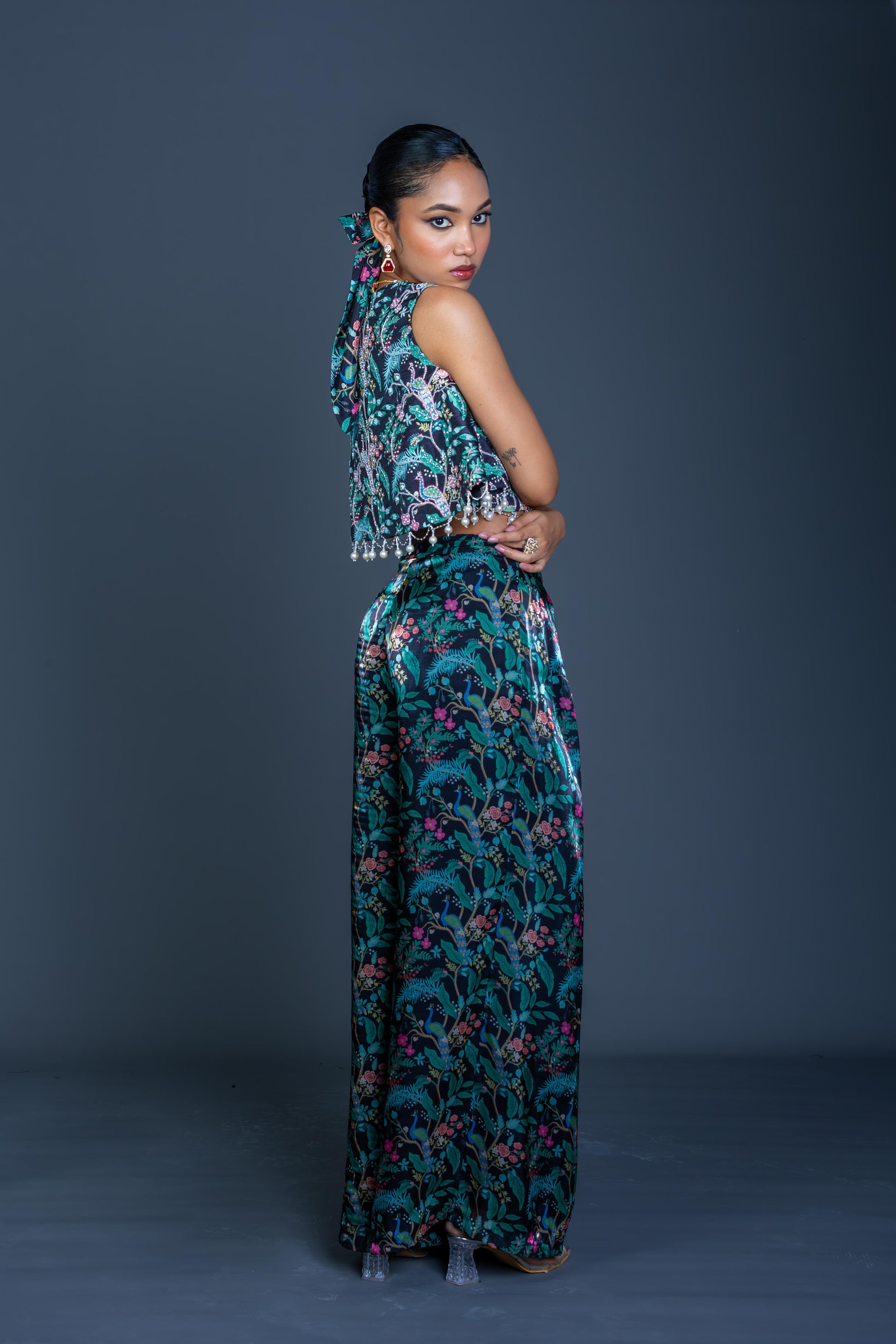 Midnight Floral Embroidered Cape Palazzo Co-ord Set