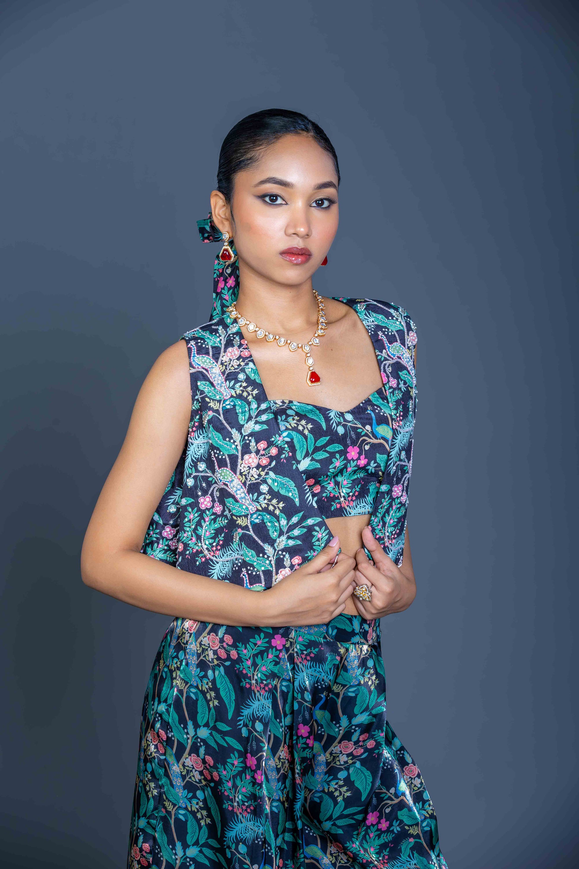 Midnight Floral Embroidered Cape Palazzo Co-ord Set