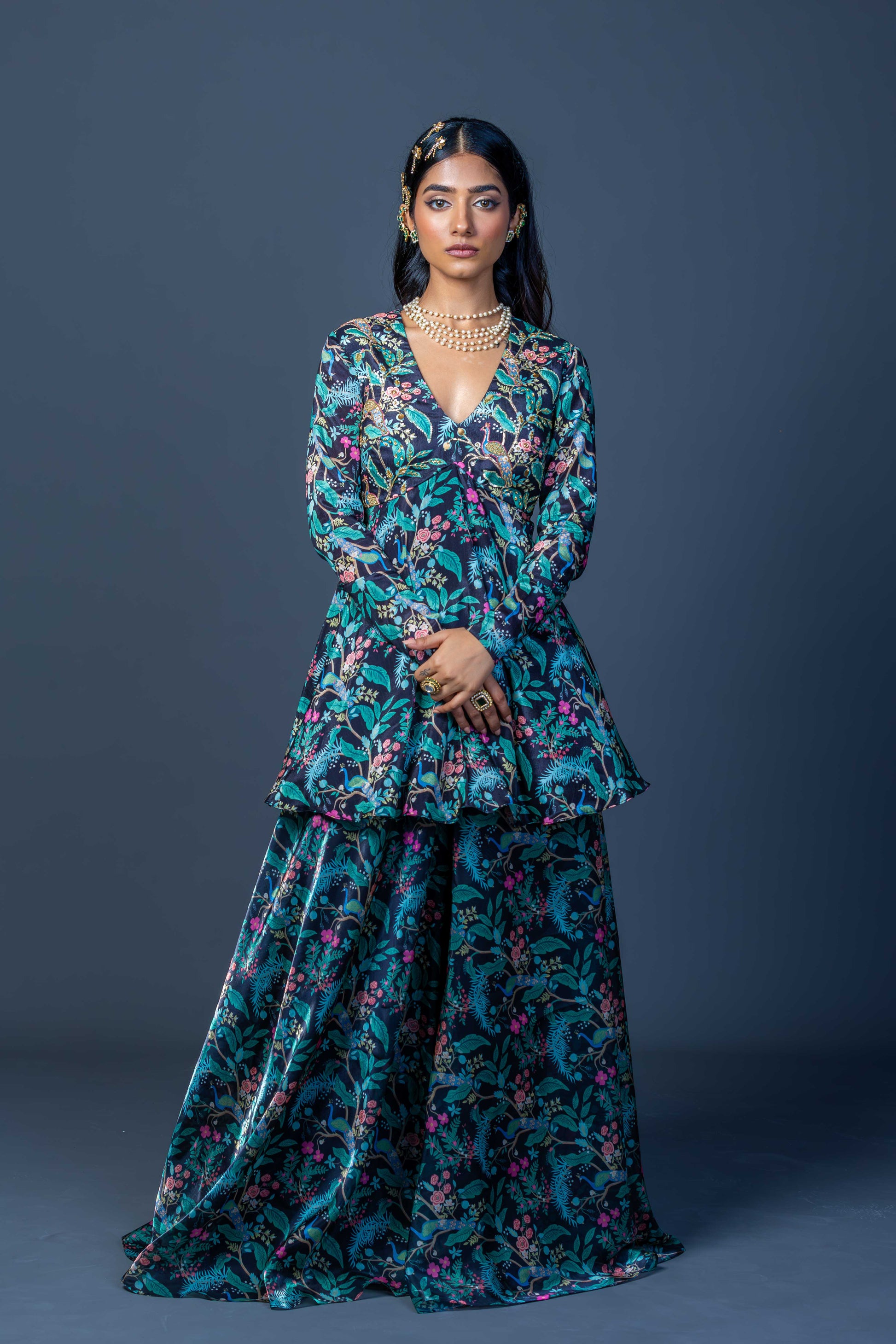 Midnight Peacock Embroidered Peplum Kurti with Skirt Pants