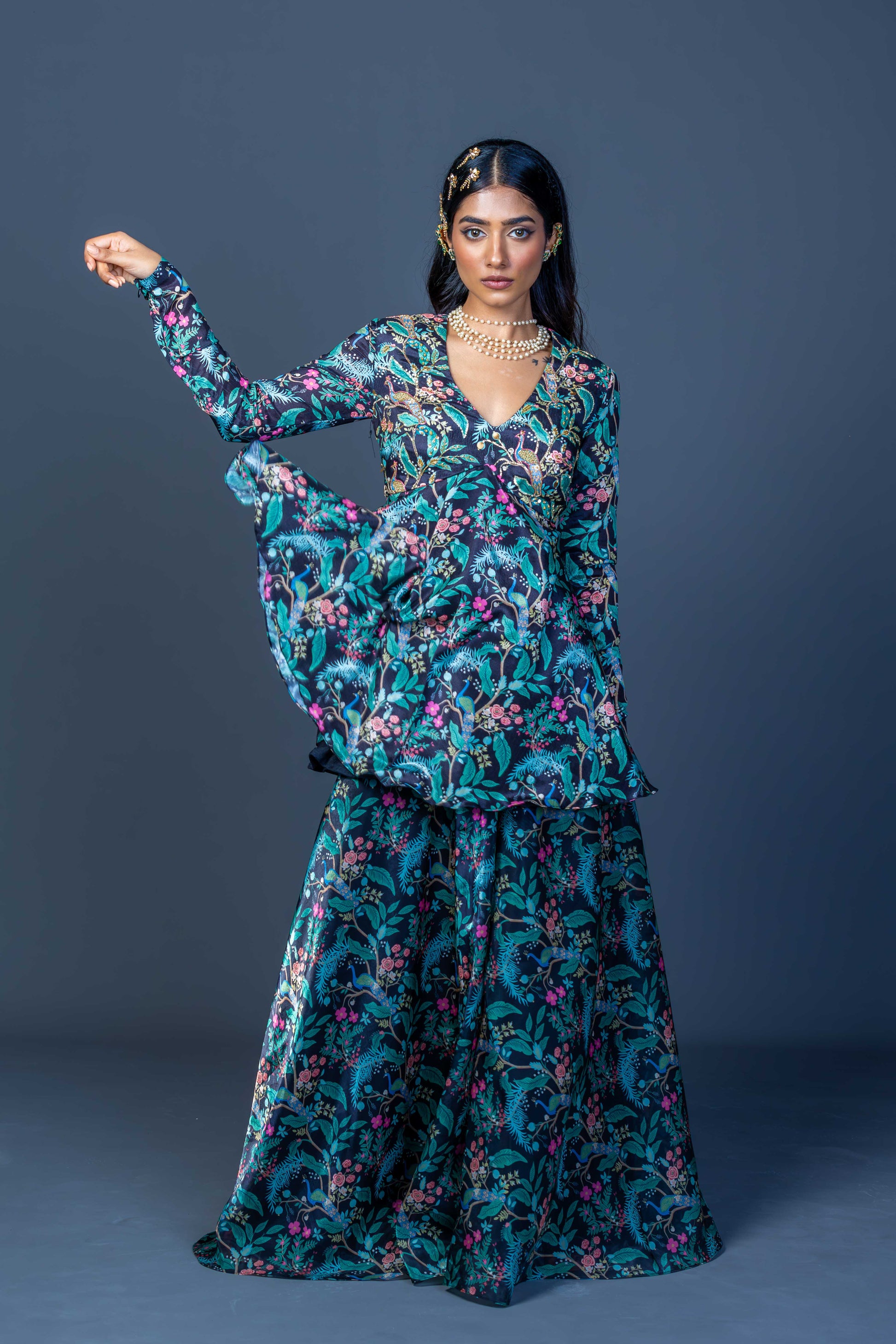 Midnight Peacock Embroidered Peplum Kurti with Skirt Pants