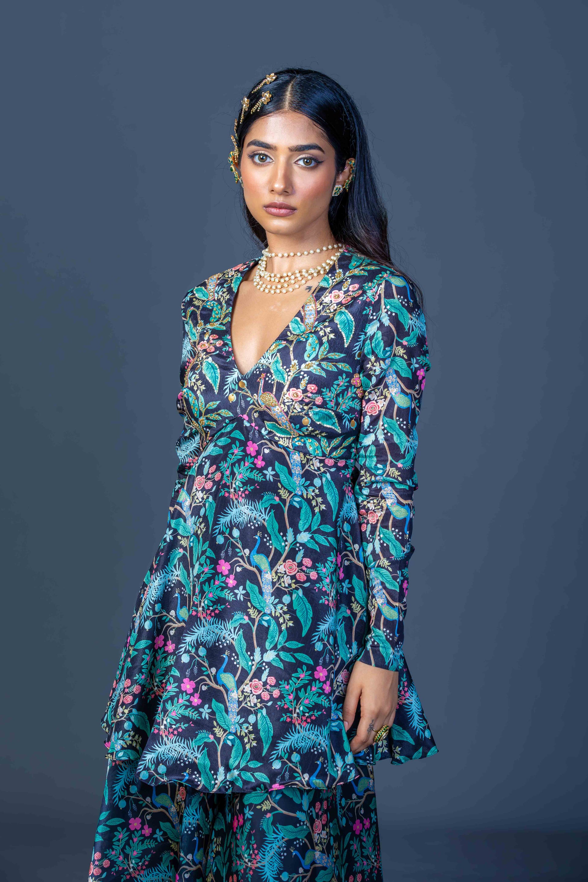 Midnight Peacock Embroidered Peplum Kurti with Skirt Pants