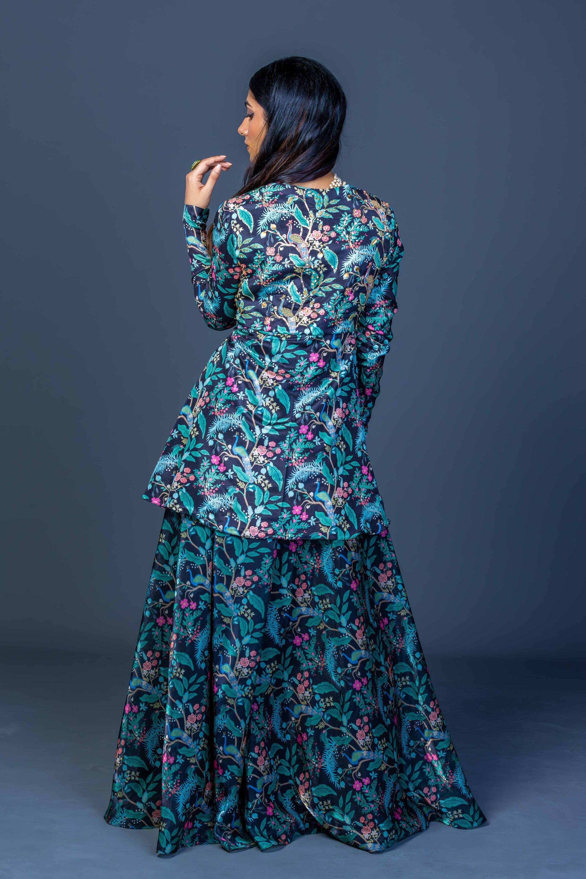 Midnight Peacock Embroidered Peplum Kurti with Skirt Pants