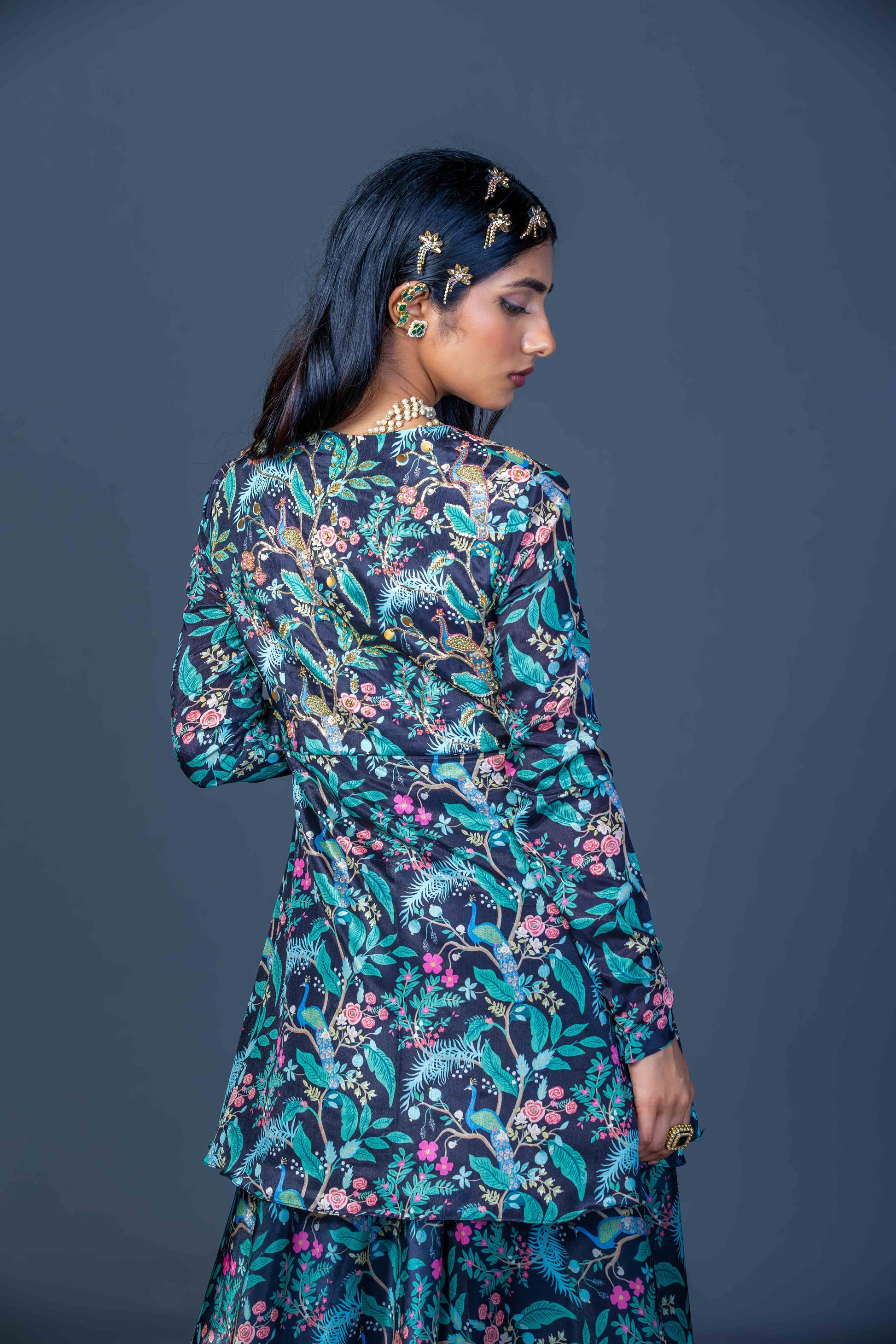 Midnight Peacock Embroidered Peplum Kurti with Skirt Pants