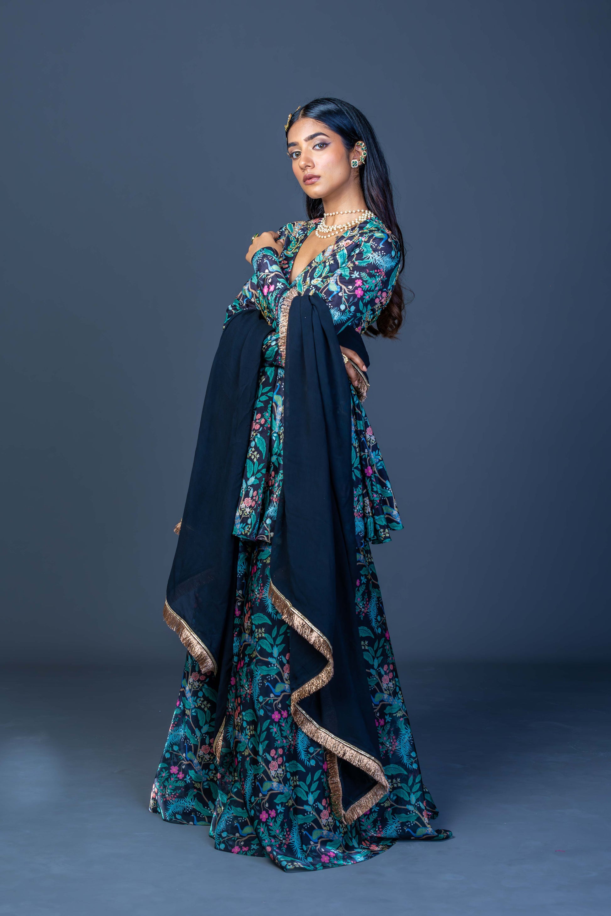 Midnight Peacock Embroidered Peplum Kurti with Skirt Pants
