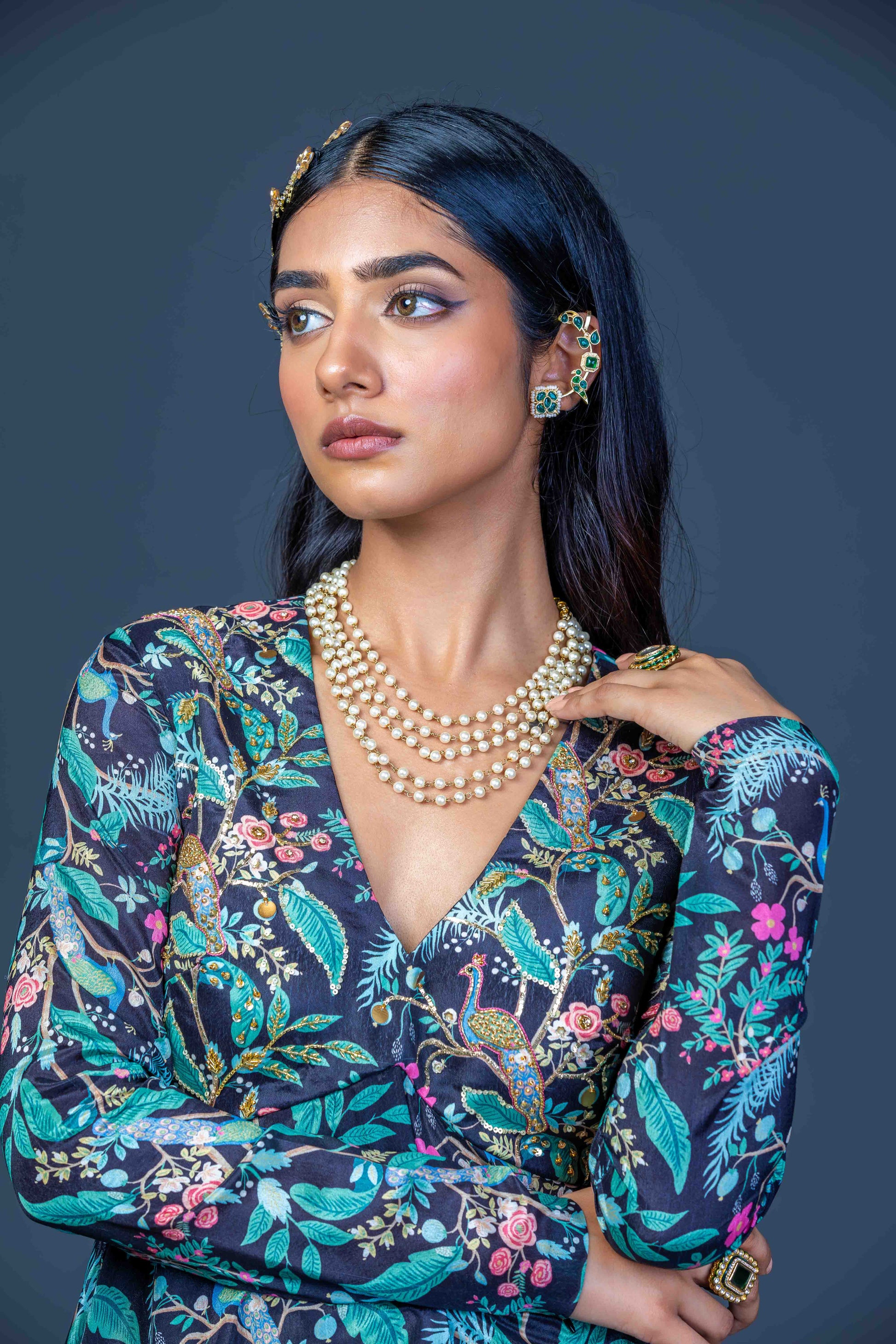 Midnight Peacock Embroidered Peplum Kurti with Skirt Pants