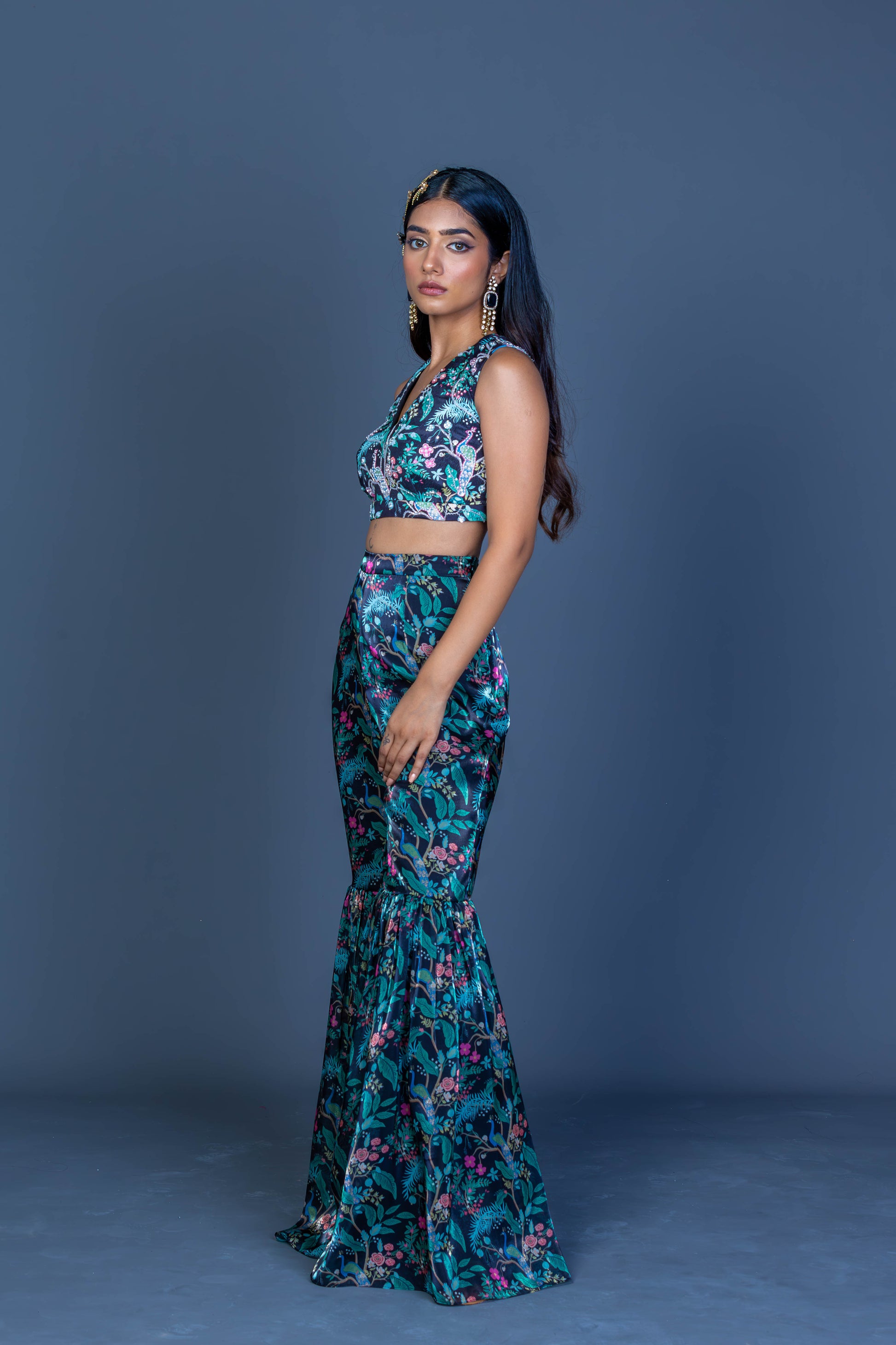 Midnight Black Peacock Print Crop Top & Garara Pants Set with Net Scarf
