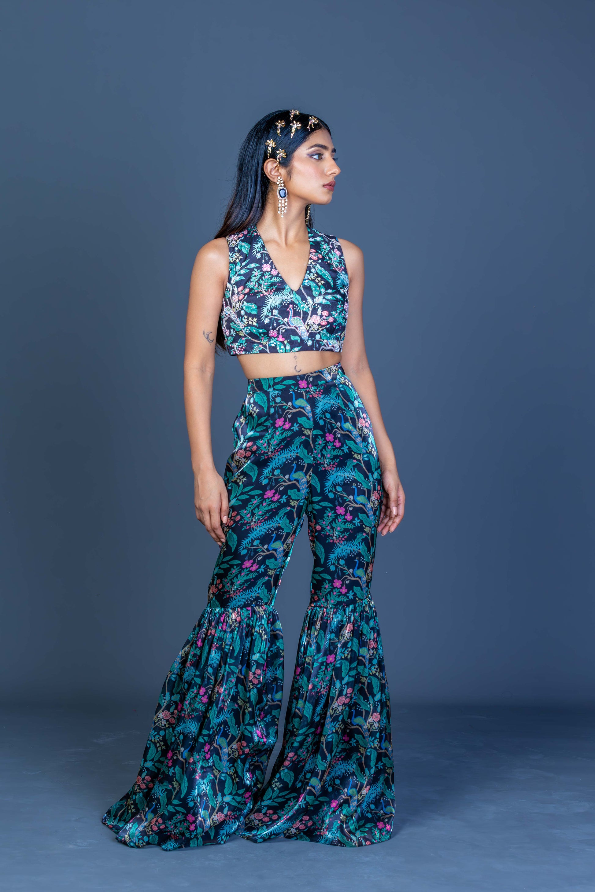 Midnight Black Peacock Print Crop Top & Garara Pants Set with Net Scarf