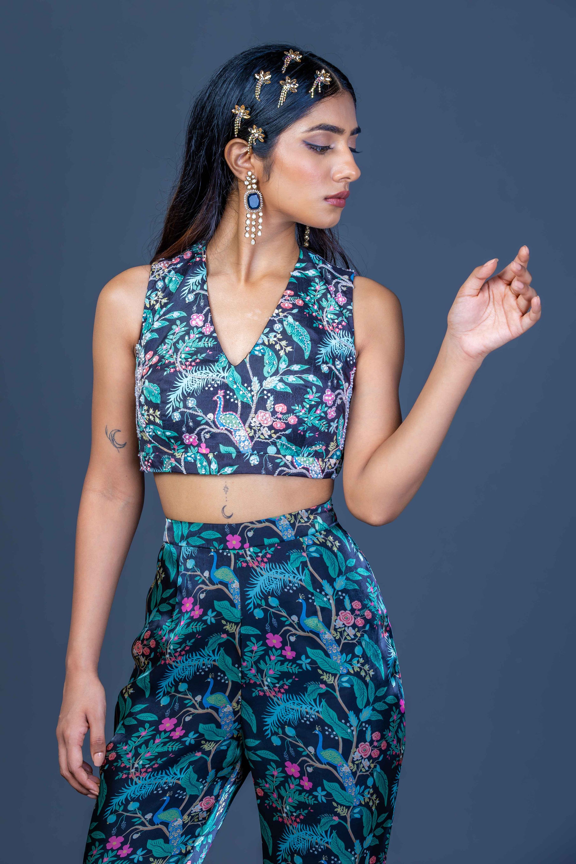 Midnight Black Peacock Print Crop Top & Garara Pants Set with Net Scarf